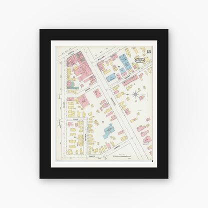 Old map wall art mockup — black gallery frame with white mat — Sanborn Fire Insurance Map from Auburn, Cayuga County, New York (1892), Sheet #0013