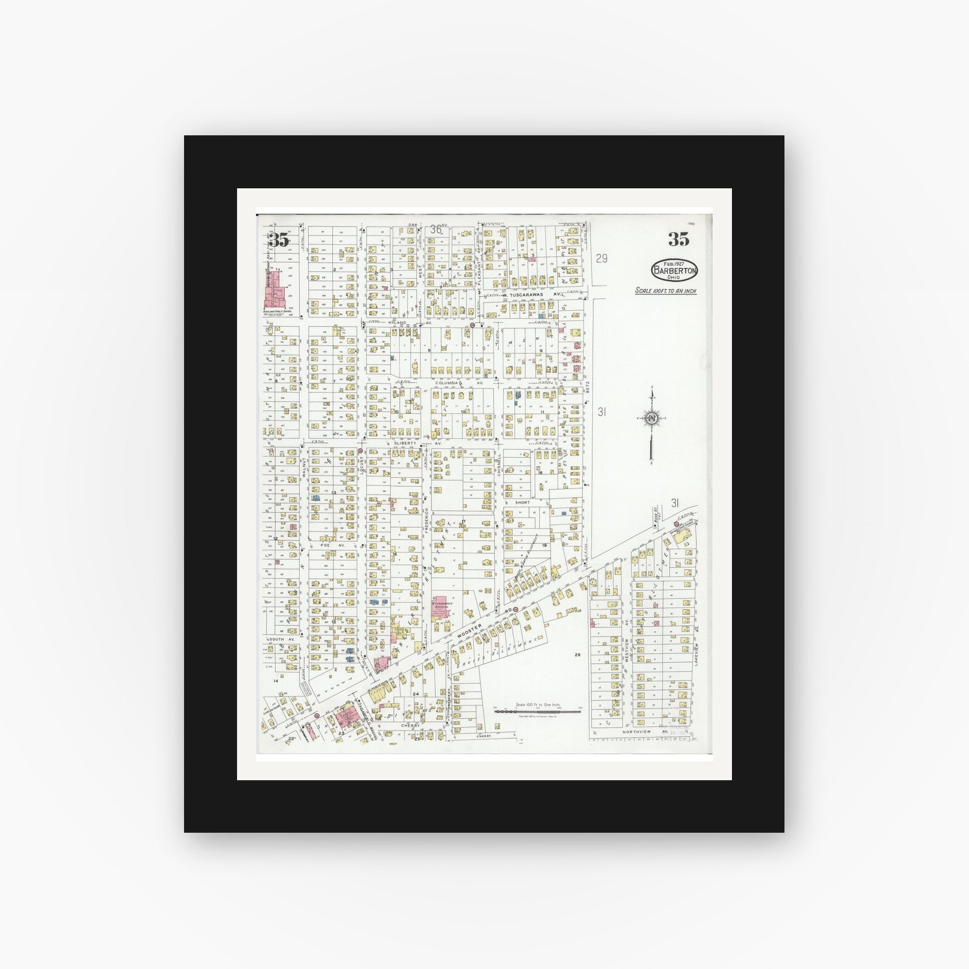 Old map wall art mockup — black gallery frame with white mat — Sanborn Fire Insurance Map from Barberton, Summit County, Ohio (1927), Sheet #0035