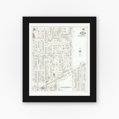 Old map wall art mockup — black gallery frame with white mat — Sanborn Fire Insurance Map from Barberton, Summit County, Ohio (1927), Sheet #0035