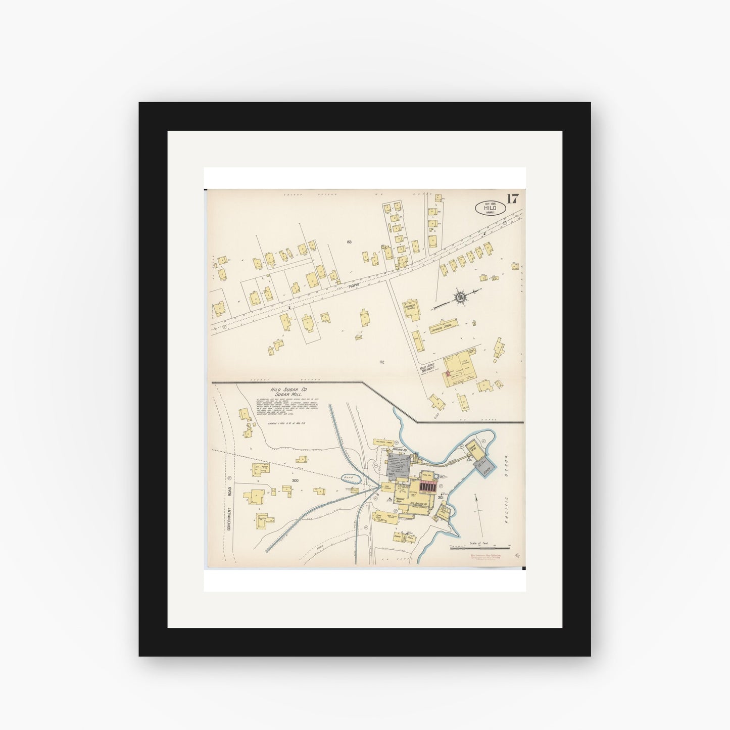 Old map wall art mockup — black gallery frame with white mat — Sanborn Fire Insurance Map from Hilo, Hawaii County, Hawaii (1914), Sheet #0017