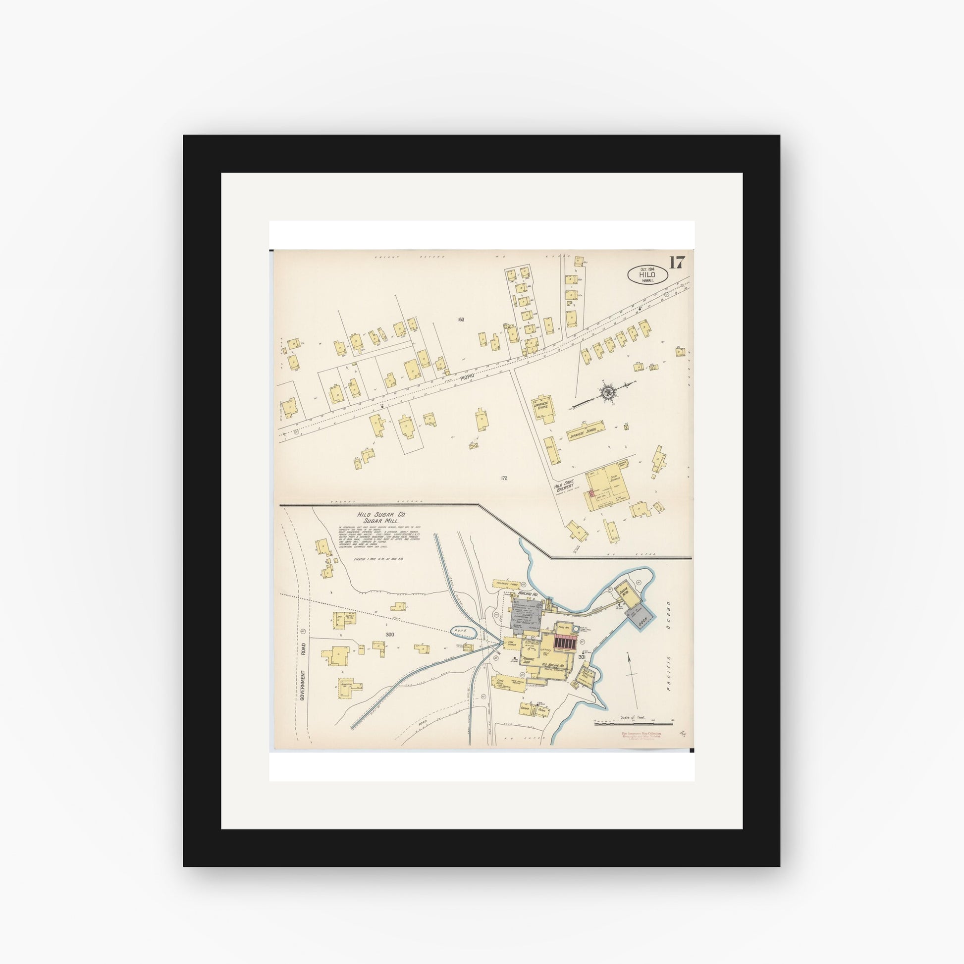 Old map wall art mockup — black gallery frame with white mat — Sanborn Fire Insurance Map from Hilo, Hawaii County, Hawaii (1914), Sheet #0017