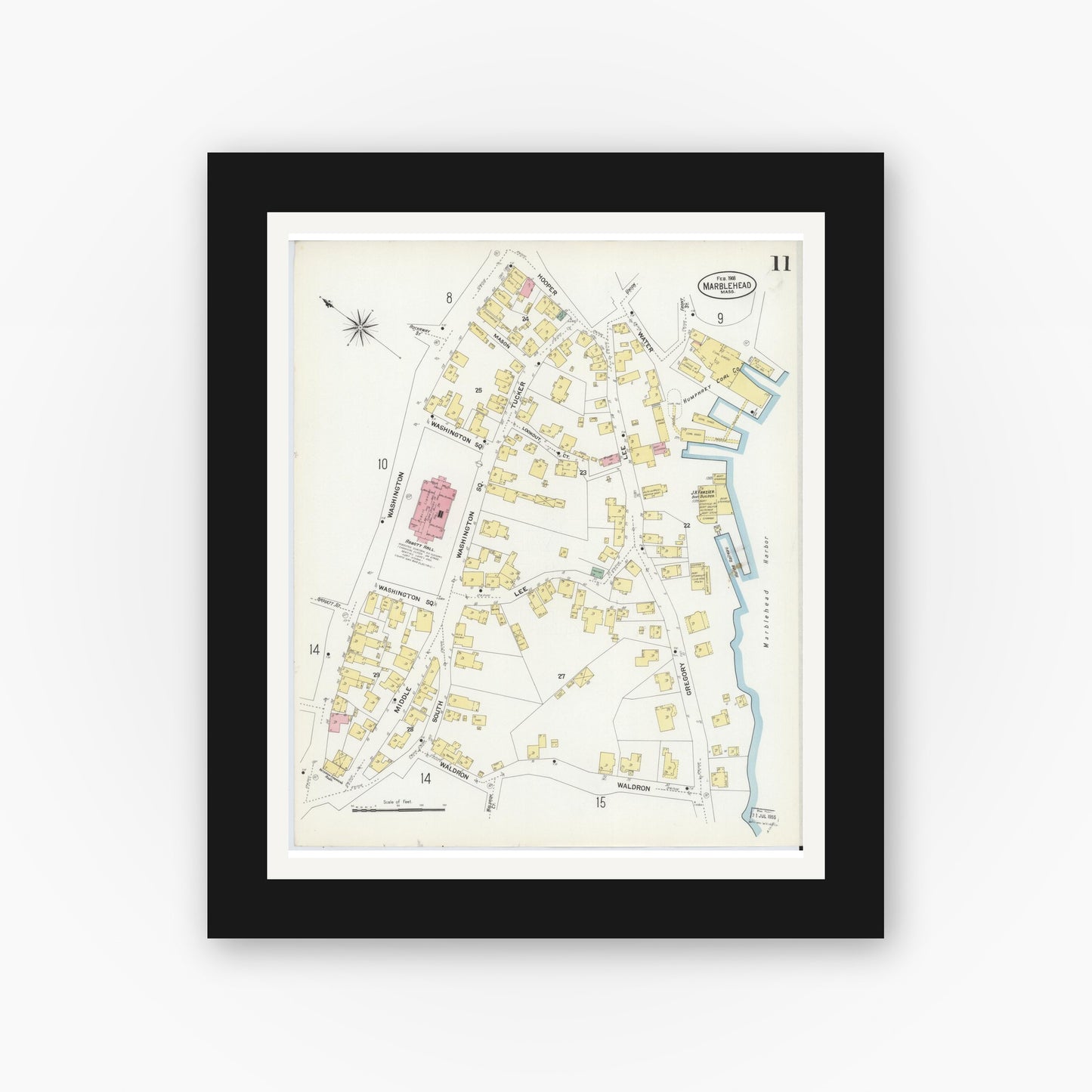 Old map wall art mockup — black gallery frame with white mat — Sanborn Fire Insurance Map from Marblehead, Essex County, Massachusetts (1908), Sheet #0011