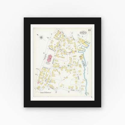 Old map wall art mockup — black gallery frame with white mat — Sanborn Fire Insurance Map from Marblehead, Essex County, Massachusetts (1908), Sheet #0011