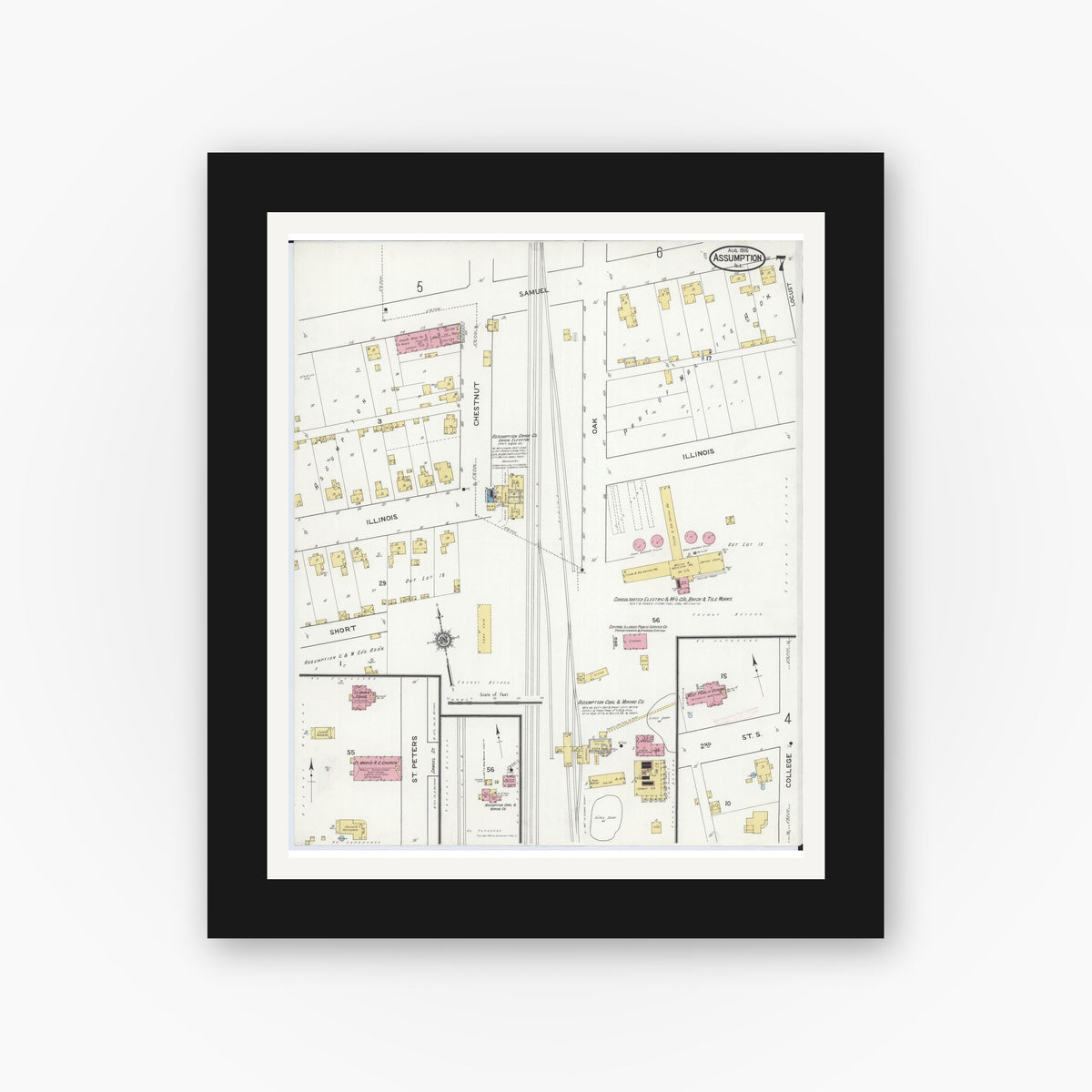Old map wall art mockup — black gallery frame with white mat — Sanborn Fire Insurance Map from Assumption, Christian County, Illinois (1916), Sheet #0007
