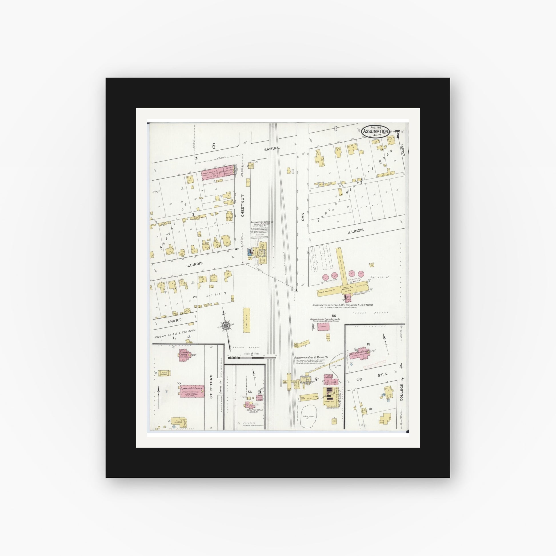 Old map wall art mockup — black gallery frame with white mat — Sanborn Fire Insurance Map from Assumption, Christian County, Illinois (1916), Sheet #0007