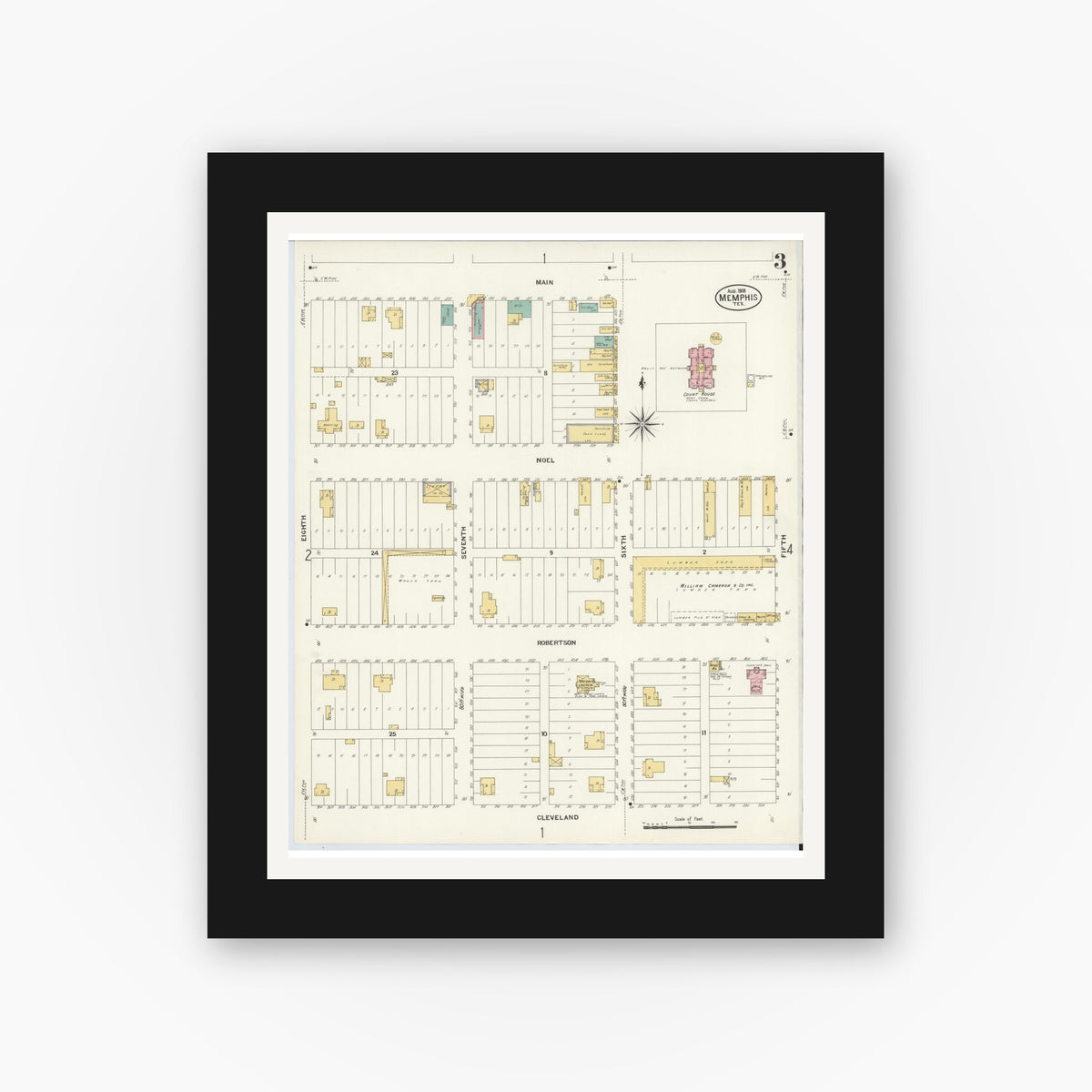 Old map wall art mockup — black gallery frame with white mat — Sanborn Fire Insurance Map from Memphis, Hall County, Texas (1908), Sheet #0003