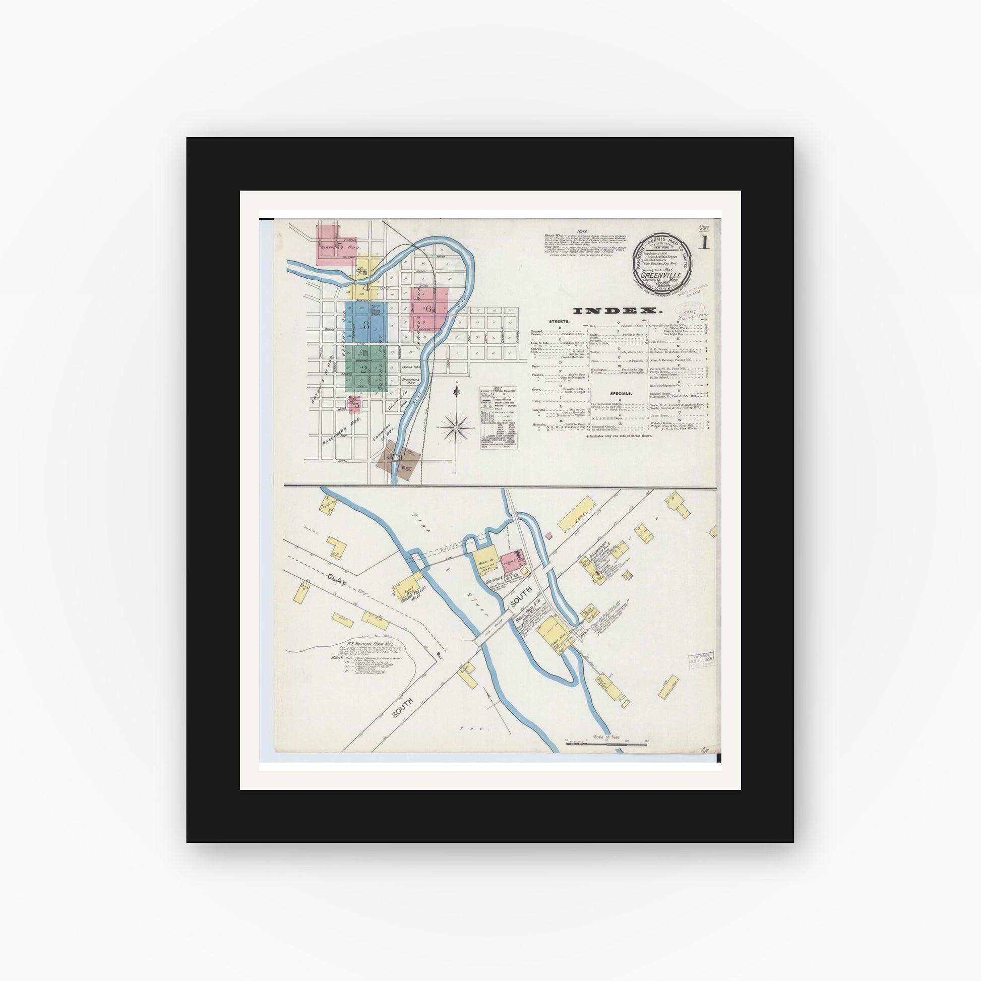 Old map wall art mockup — black gallery frame with white mat — Sanborn Fire Insurance Map from Greenville, Montcalm County, Michigan (1892), Sheet #0001