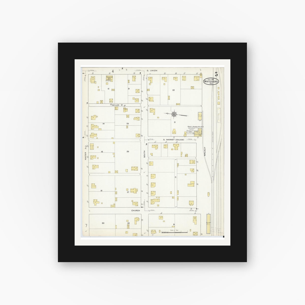 Old map wall art mockup — black gallery frame with white mat — Sanborn Fire Insurance Map from Whitesboro, Grayson County, Texas (1915), Sheet #0005