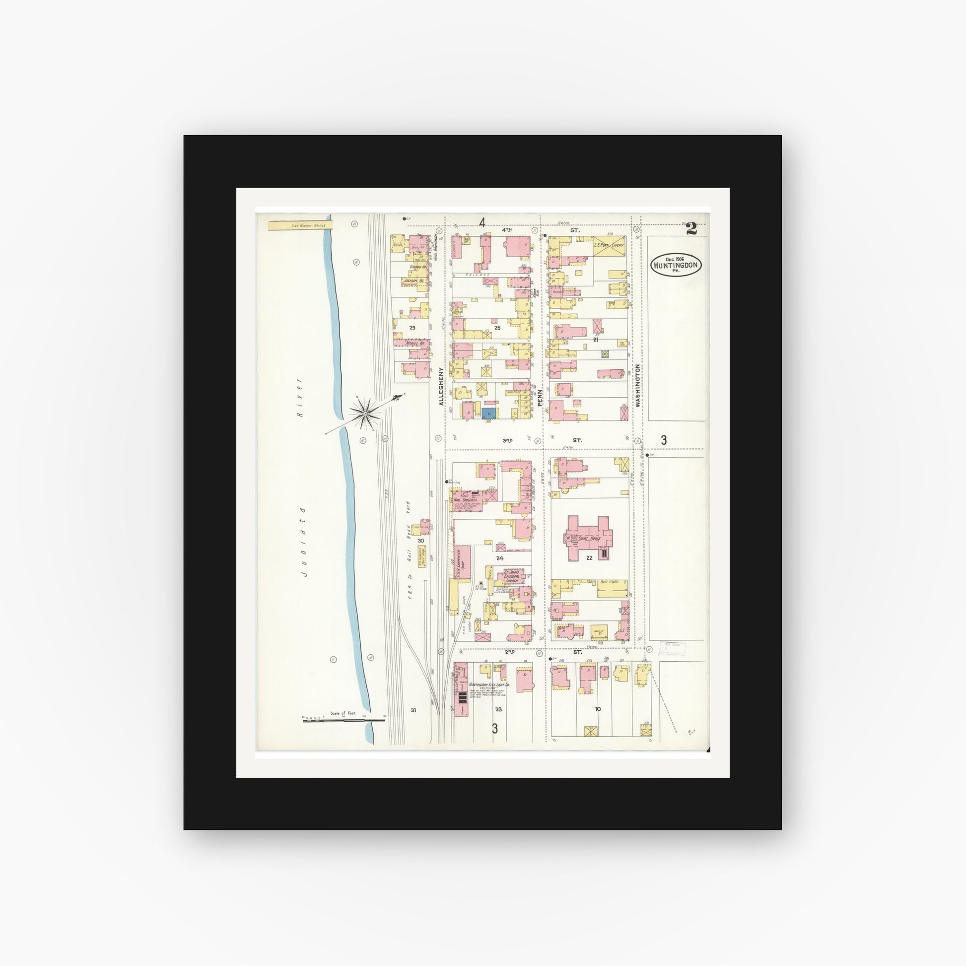 Old map wall art mockup — black gallery frame with white mat — Sanborn Fire Insurance Map from Huntingdon, Huntingdon County, Pennsylvania (1906), Sheet #0002