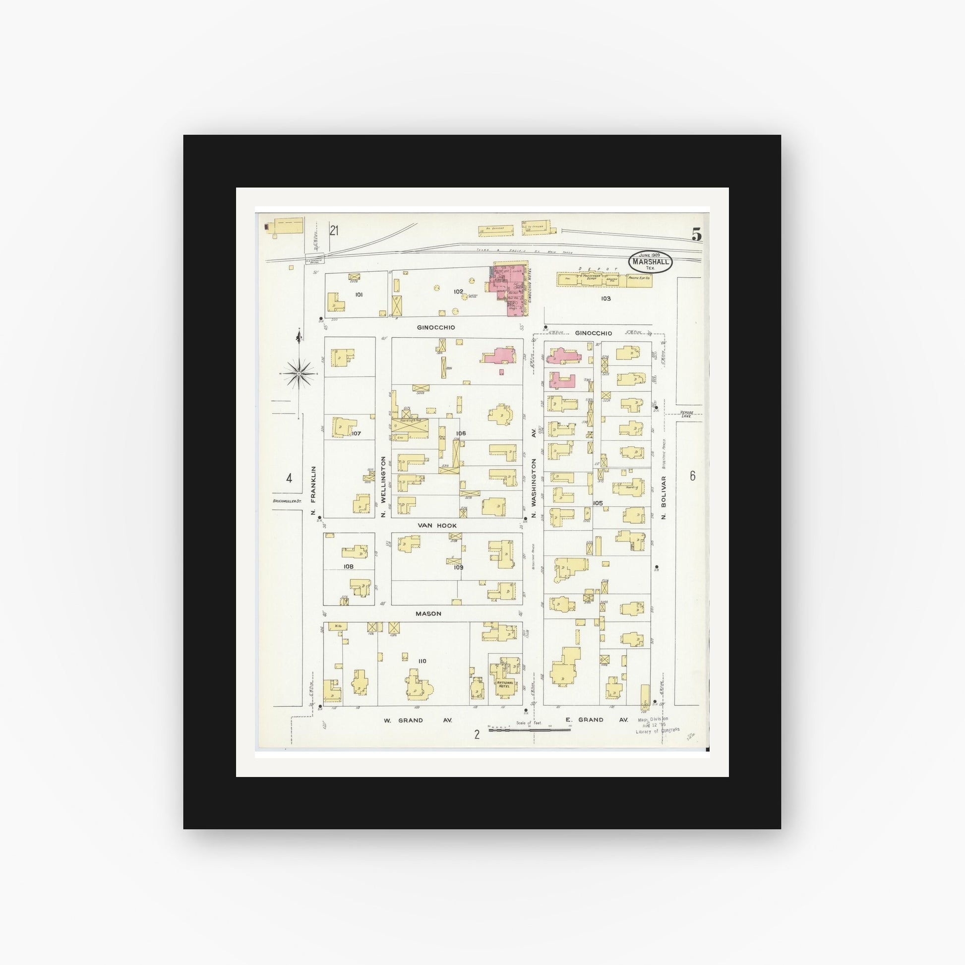 Old map wall art mockup — black gallery frame with white mat — Sanborn Fire Insurance Map from Marshall, Harrison County, Texas (1909), Sheet #0005