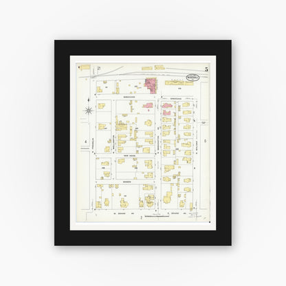 Old map wall art mockup — black gallery frame with white mat — Sanborn Fire Insurance Map from Marshall, Harrison County, Texas (1909), Sheet #0005