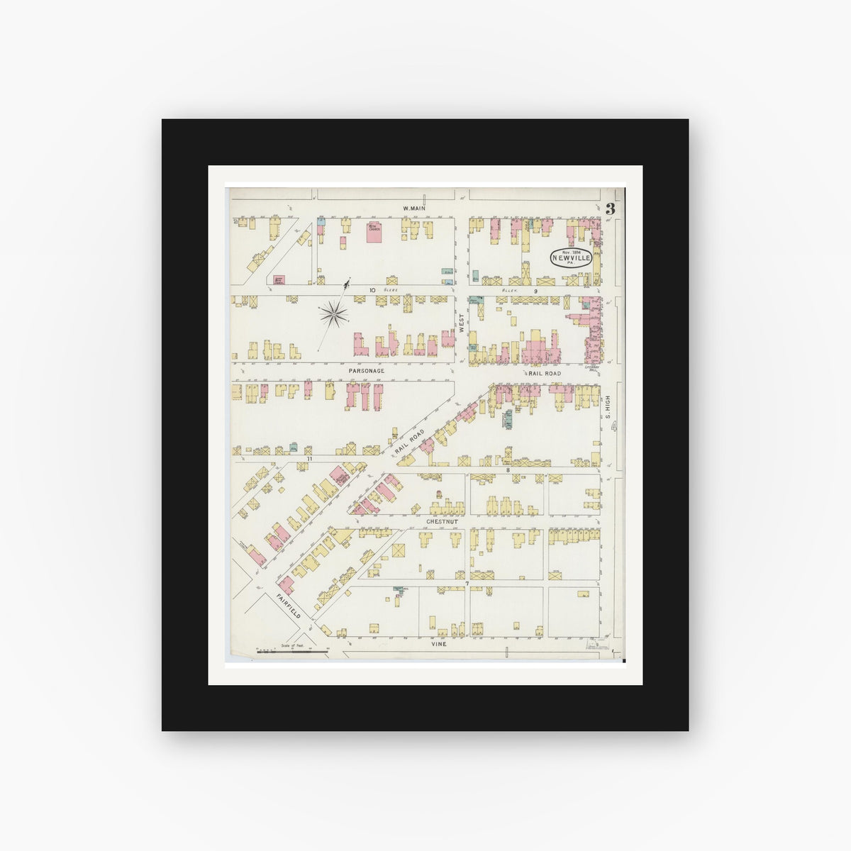Old map wall art mockup — black gallery frame with white mat — Sanborn Fire Insurance Map from Newville, Cumberland County, Pennsylvania (1894), Sheet #0003