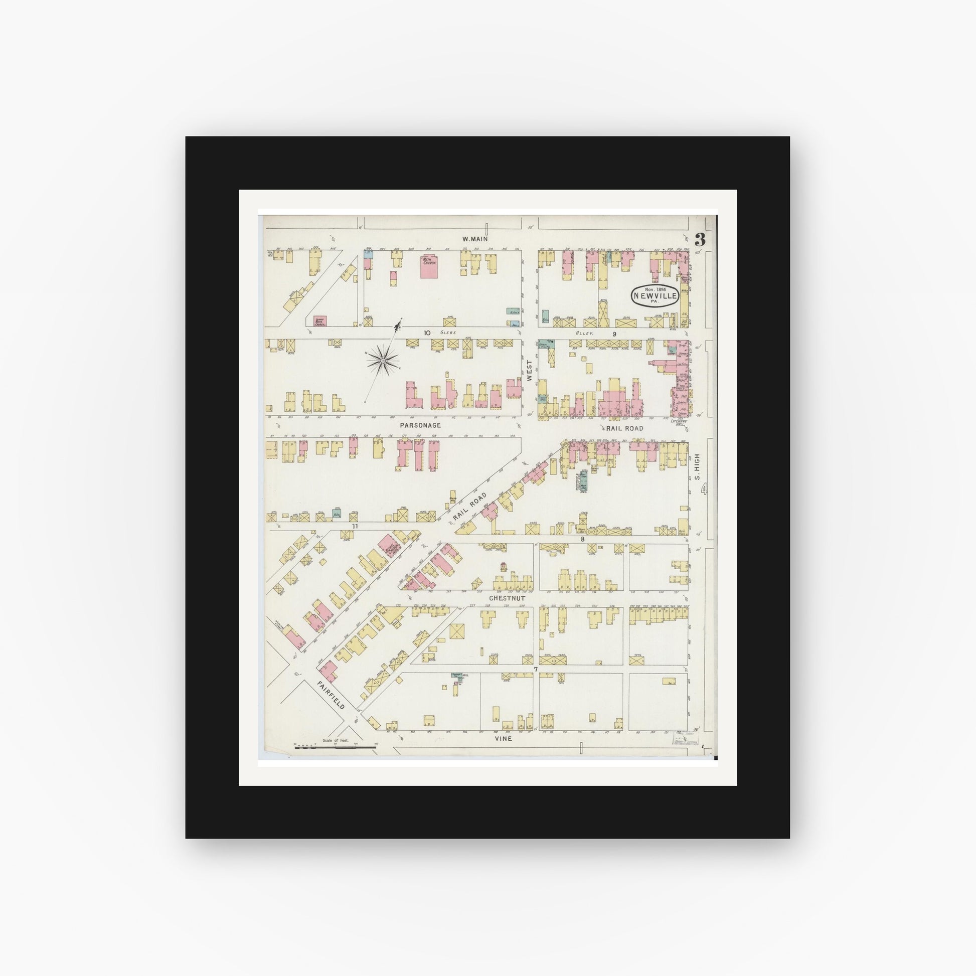 Old map wall art mockup — black gallery frame with white mat — Sanborn Fire Insurance Map from Newville, Cumberland County, Pennsylvania (1894), Sheet #0003