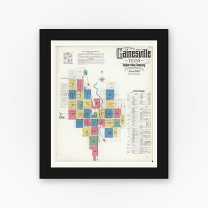 Old map wall art mockup — black gallery frame with white mat — Sanborn Fire Insurance Map from Gainesville, Cooke County, Texas (1908), Sheet #0001