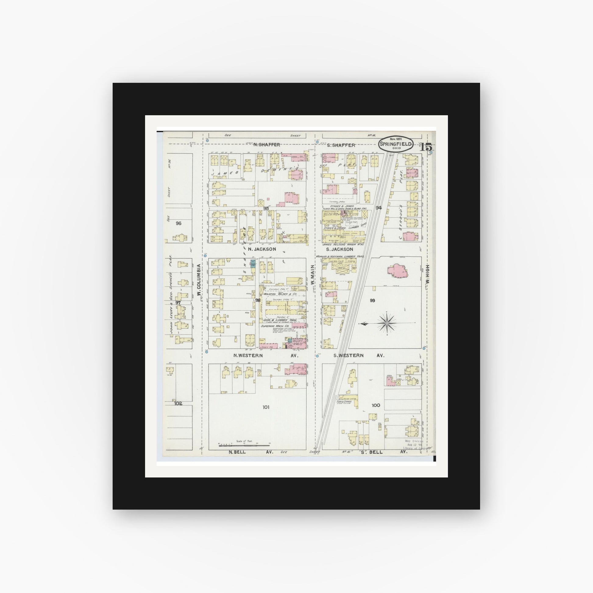 Old map wall art mockup — black gallery frame with white mat — Sanborn Fire Insurance Map from Springfield, Clark County, Ohio (1891), Sheet #0015
