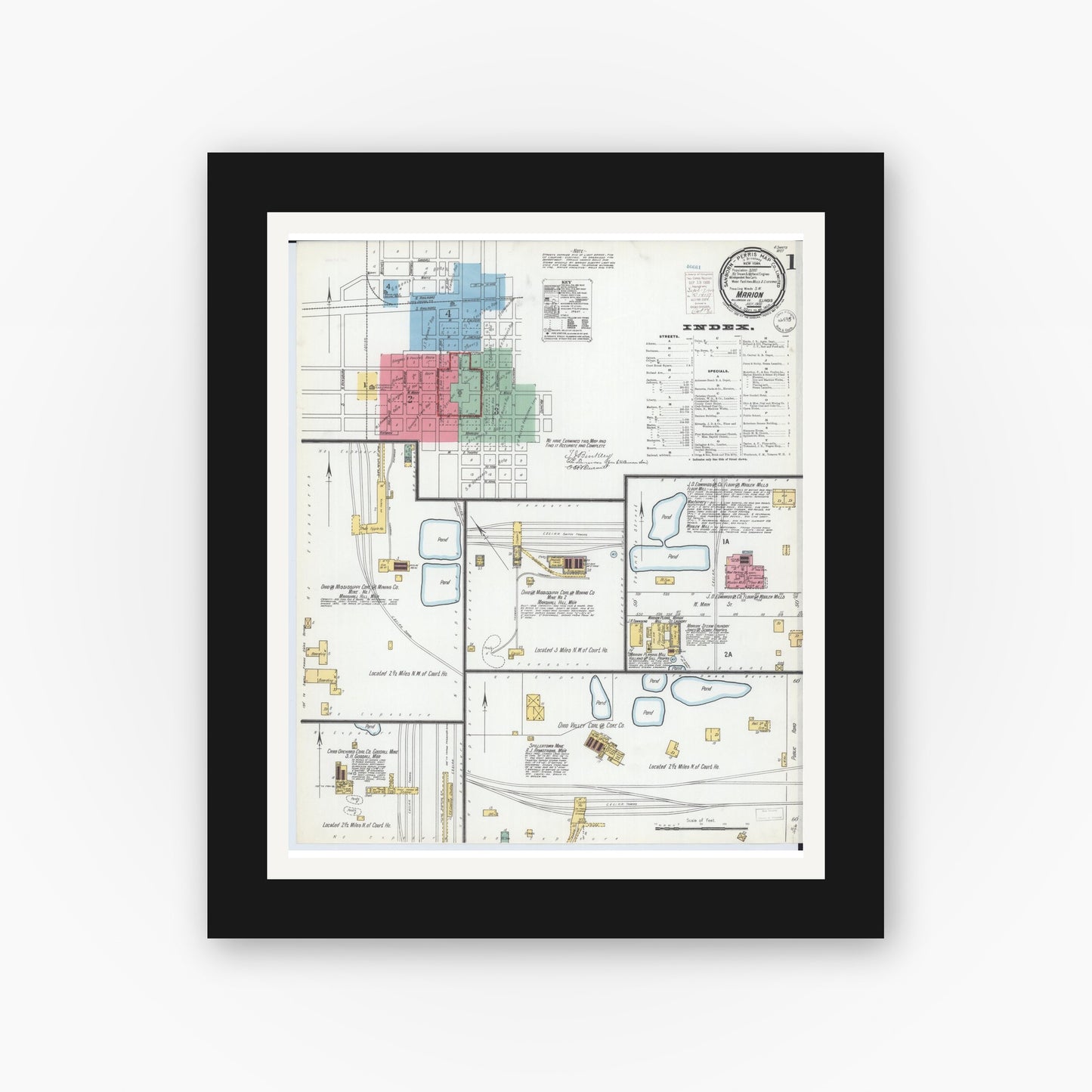 Old map wall art mockup — black gallery frame with white mat — Sanborn Fire Insurance Map from Marion, Williamson County, Illinois (1900), Sheet #0003