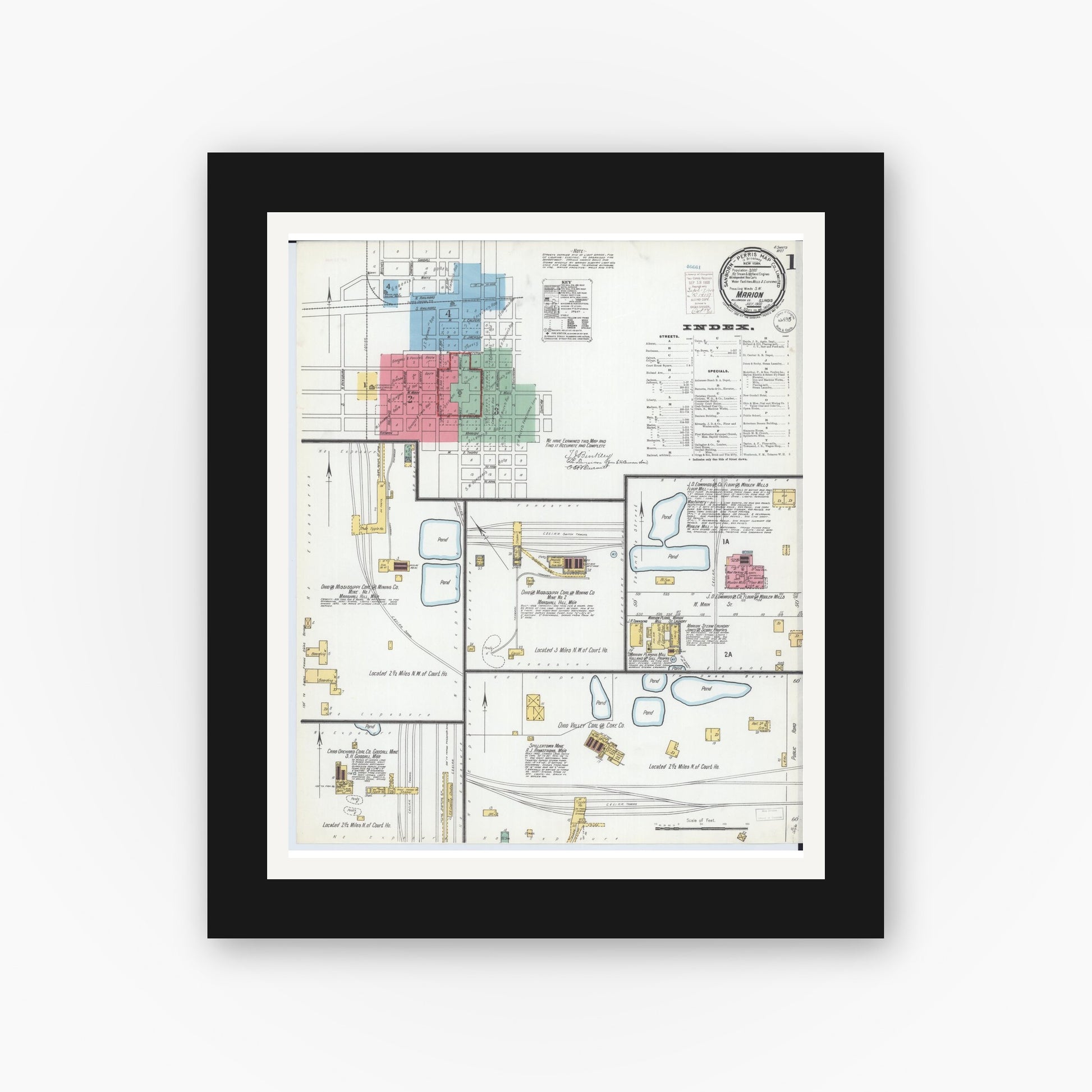 Old map wall art mockup — black gallery frame with white mat — Sanborn Fire Insurance Map from Marion, Williamson County, Illinois (1900), Sheet #0003