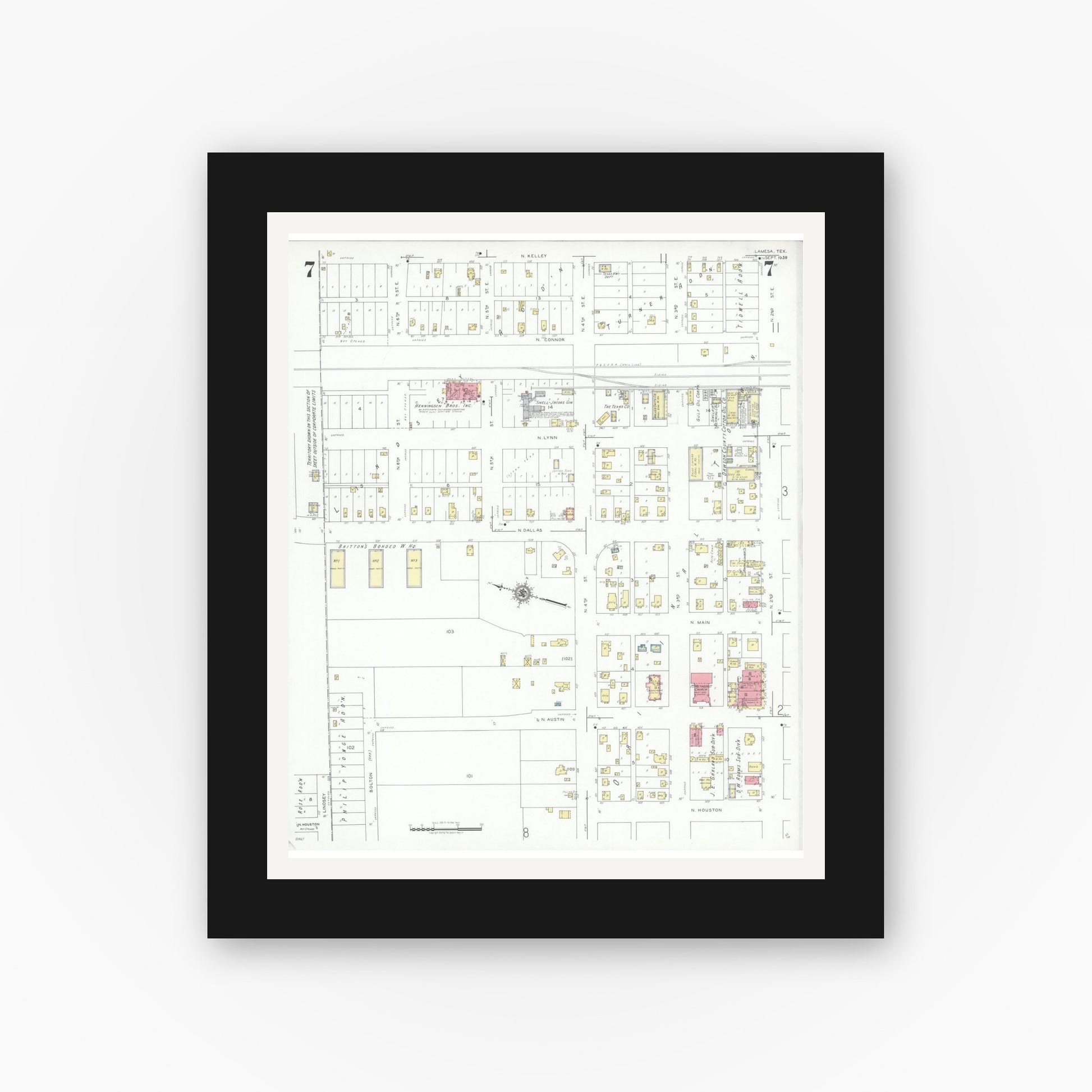 Old map wall art mockup — black gallery frame with white mat — Sanborn Fire Insurance Map from Lamesa, Dawson County, Texas (1939), Sheet #0007