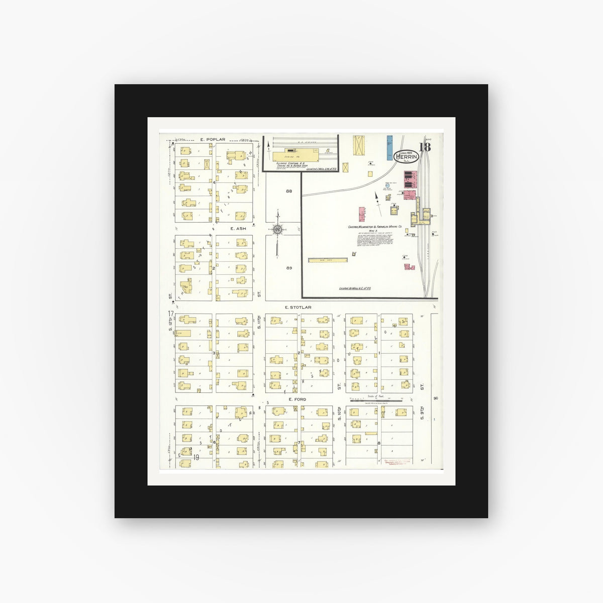 Old map wall art mockup — black gallery frame with white mat — Sanborn Fire Insurance Map from Herrin, Williamson County, Illinois (1922), Sheet #0018
