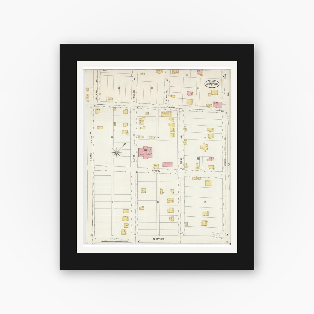 Old map wall art mockup — black gallery frame with white mat — Sanborn Fire Insurance Map from Coraopolis, Allegheny County, Pennsylvania (1898), Sheet #0004