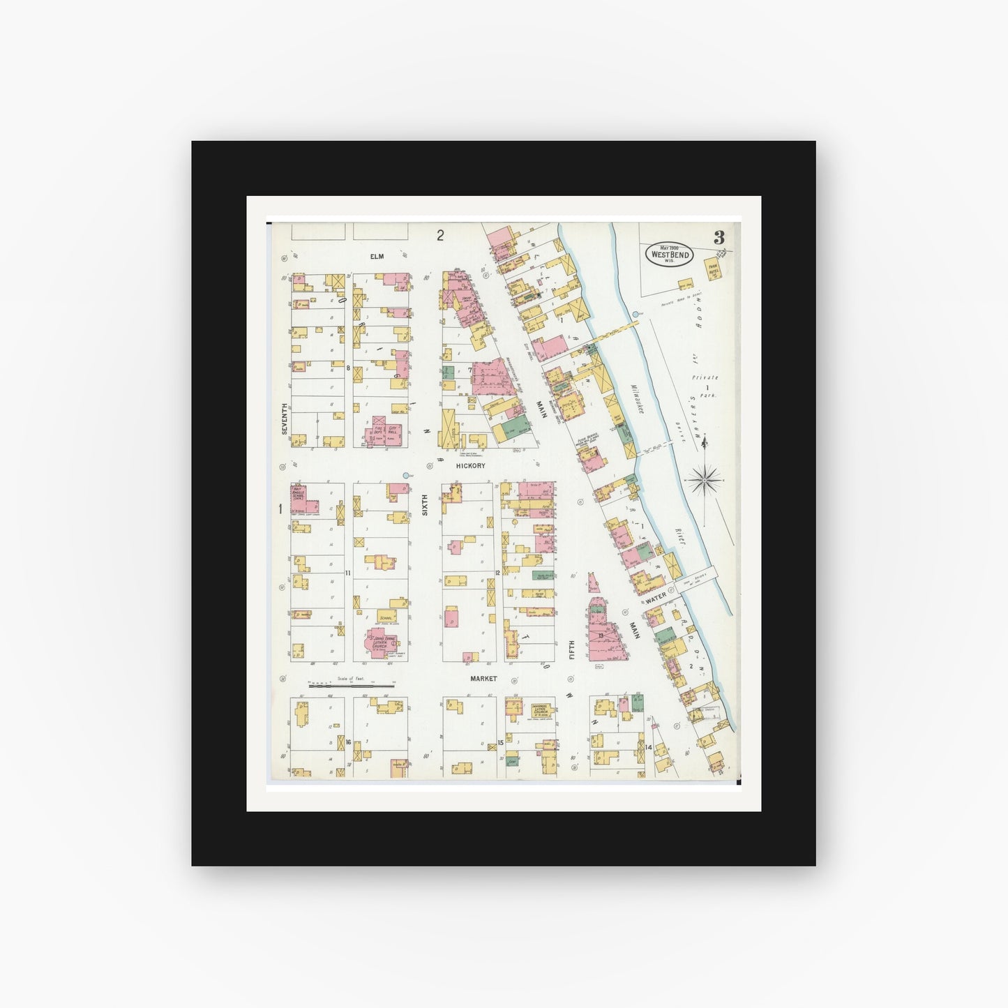 Old map wall art mockup — black gallery frame with white mat — Sanborn Fire Insurance Map from West Bend, Washington County, Wisconsin (1900), Sheet #0003