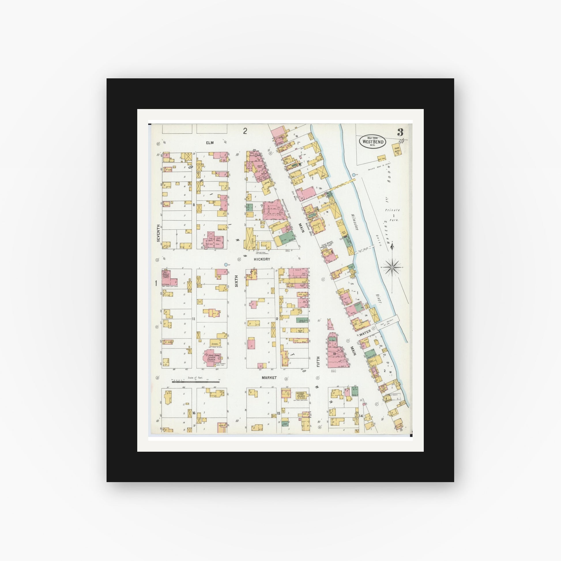 Old map wall art mockup — black gallery frame with white mat — Sanborn Fire Insurance Map from West Bend, Washington County, Wisconsin (1900), Sheet #0003
