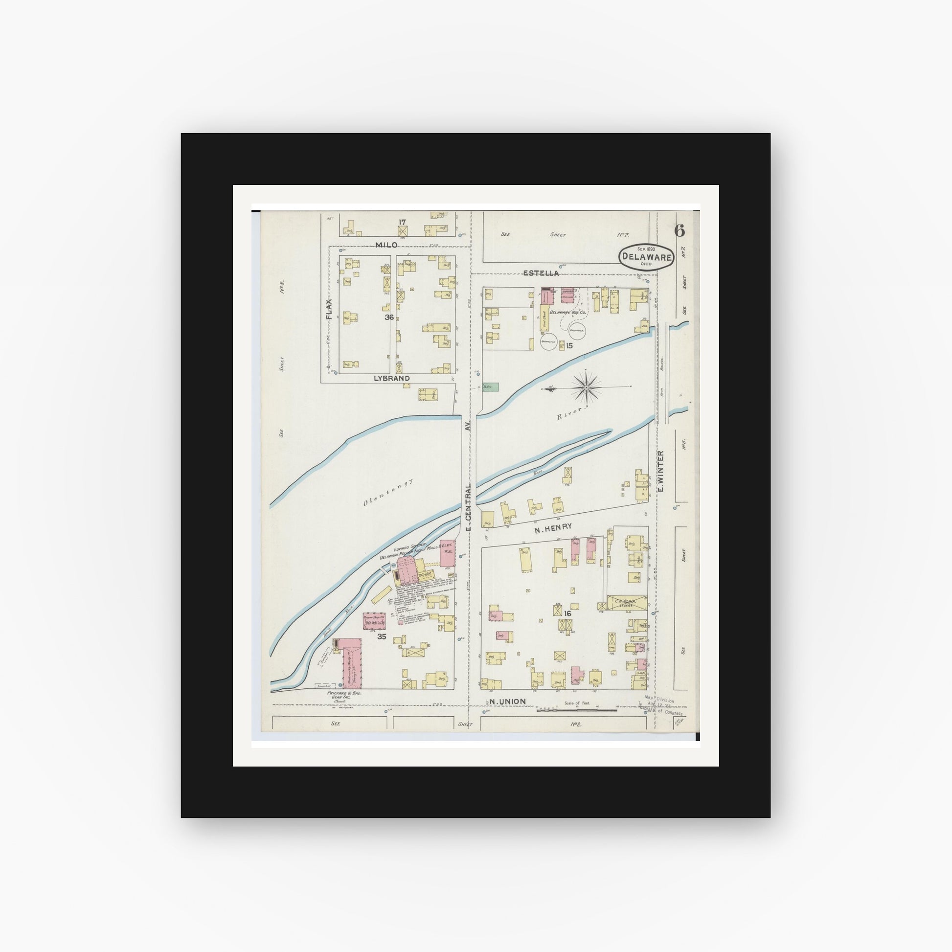 Old map wall art mockup — black gallery frame with white mat — Sanborn Fire Insurance Map from Delaware, Delaware County, Ohio (1890), Sheet #0006