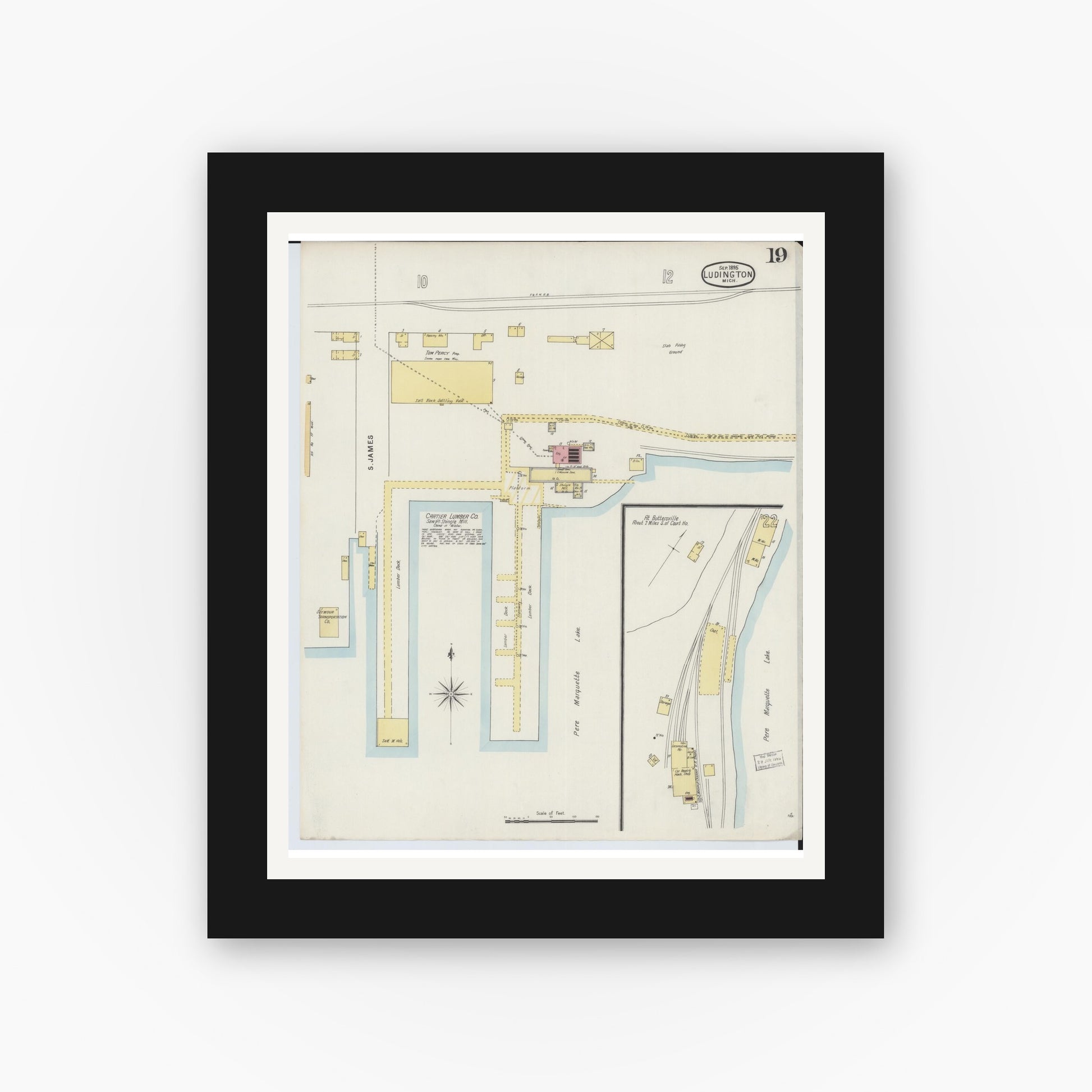 Old map wall art mockup — black gallery frame with white mat — Sanborn Fire Insurance Map from Ludington, Mason County, Michigan (1895), Sheet #0019
