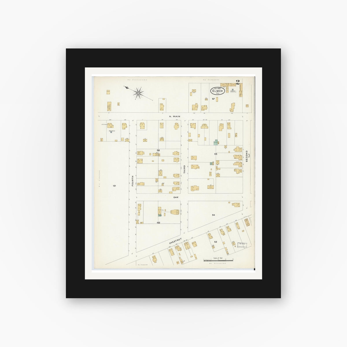 Old map wall art mockup — black gallery frame with white mat — Sanborn Fire Insurance Map from Elmer, Salem County, New Jersey (1908), Sheet #0002
