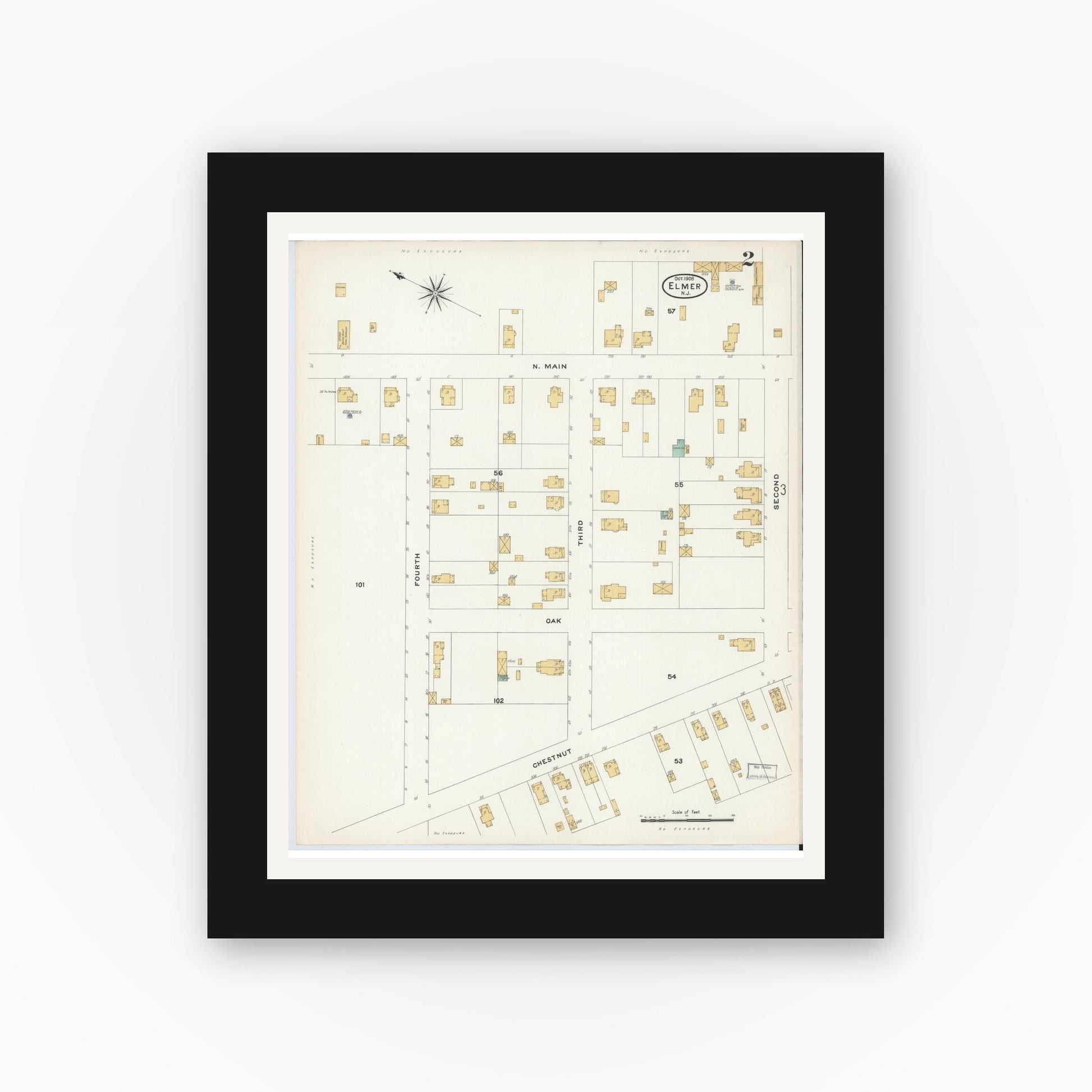Old map wall art mockup — black gallery frame with white mat — Sanborn Fire Insurance Map from Elmer, Salem County, New Jersey (1908), Sheet #0002