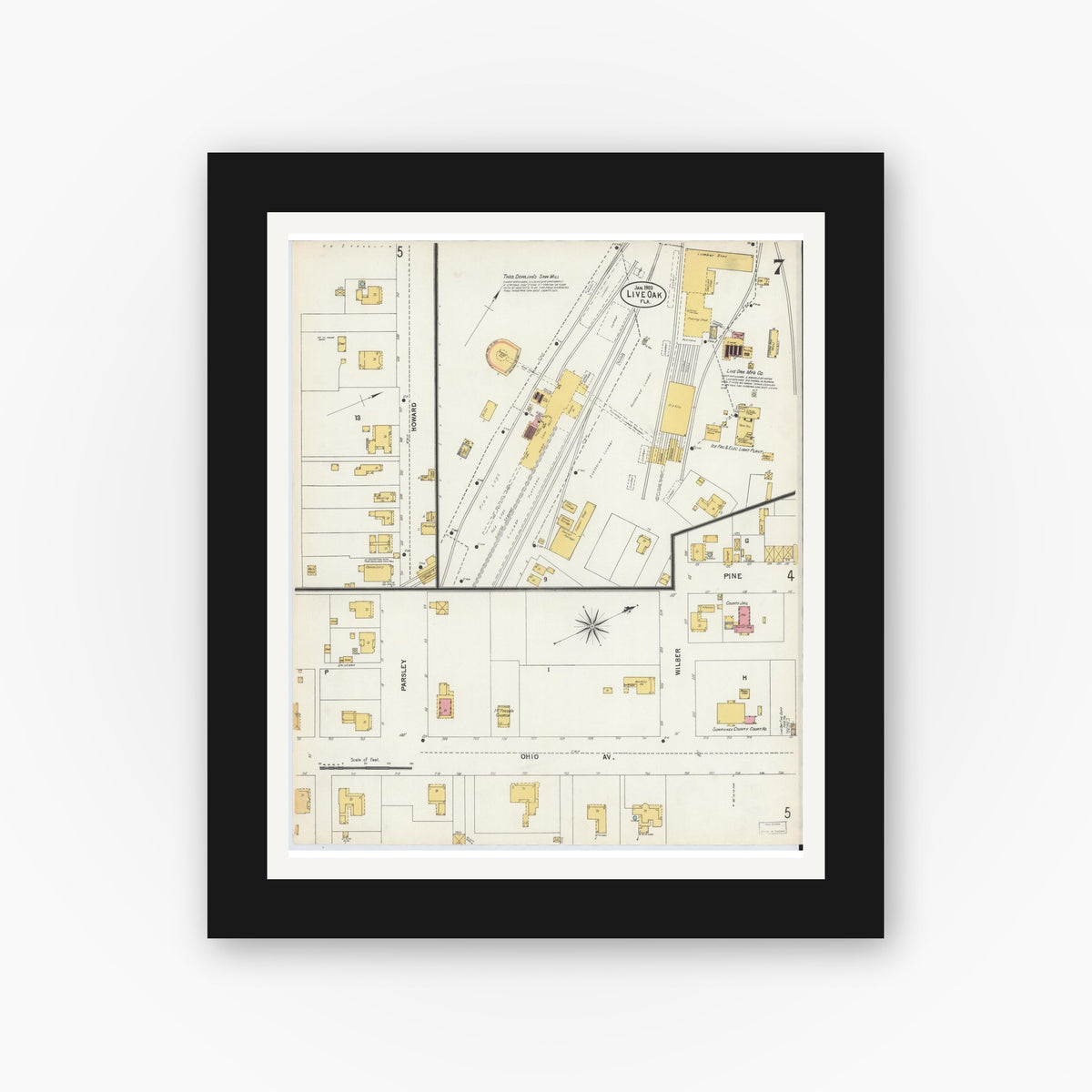 Old map wall art mockup — black gallery frame with white mat — Sanborn Fire Insurance Map from Live Oak, Suwanee County, Florida (1903), Sheet #0007