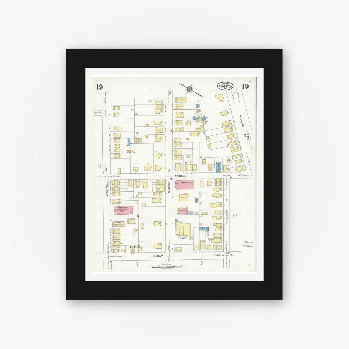 Old map wall art mockup — black gallery frame with white mat — Sanborn Fire Insurance Map from Kingston, Luzerne County, Pennsylvania (1925), Sheet #0019
