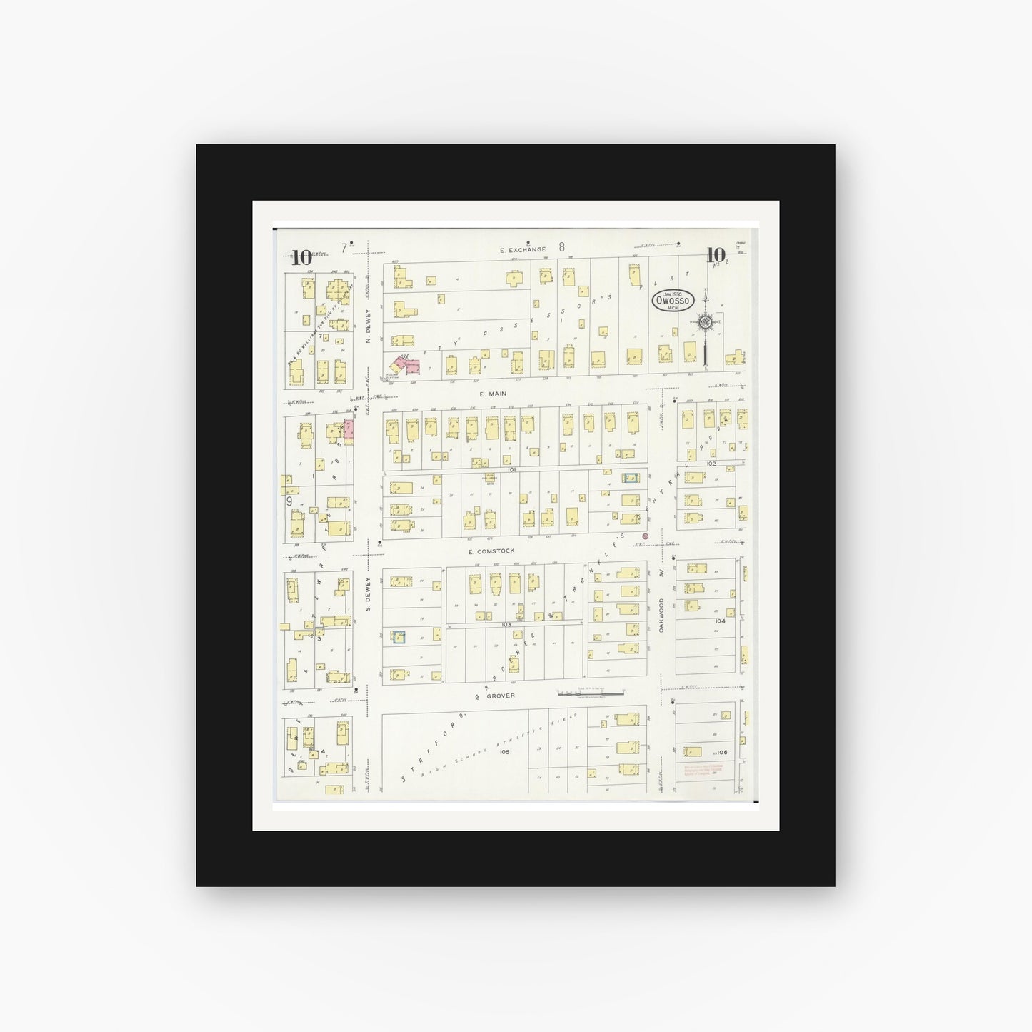 Old map wall art mockup — black gallery frame with white mat — Sanborn Fire Insurance Map from Owosso, Shiawassee County, Michigan (1930), Sheet #0010