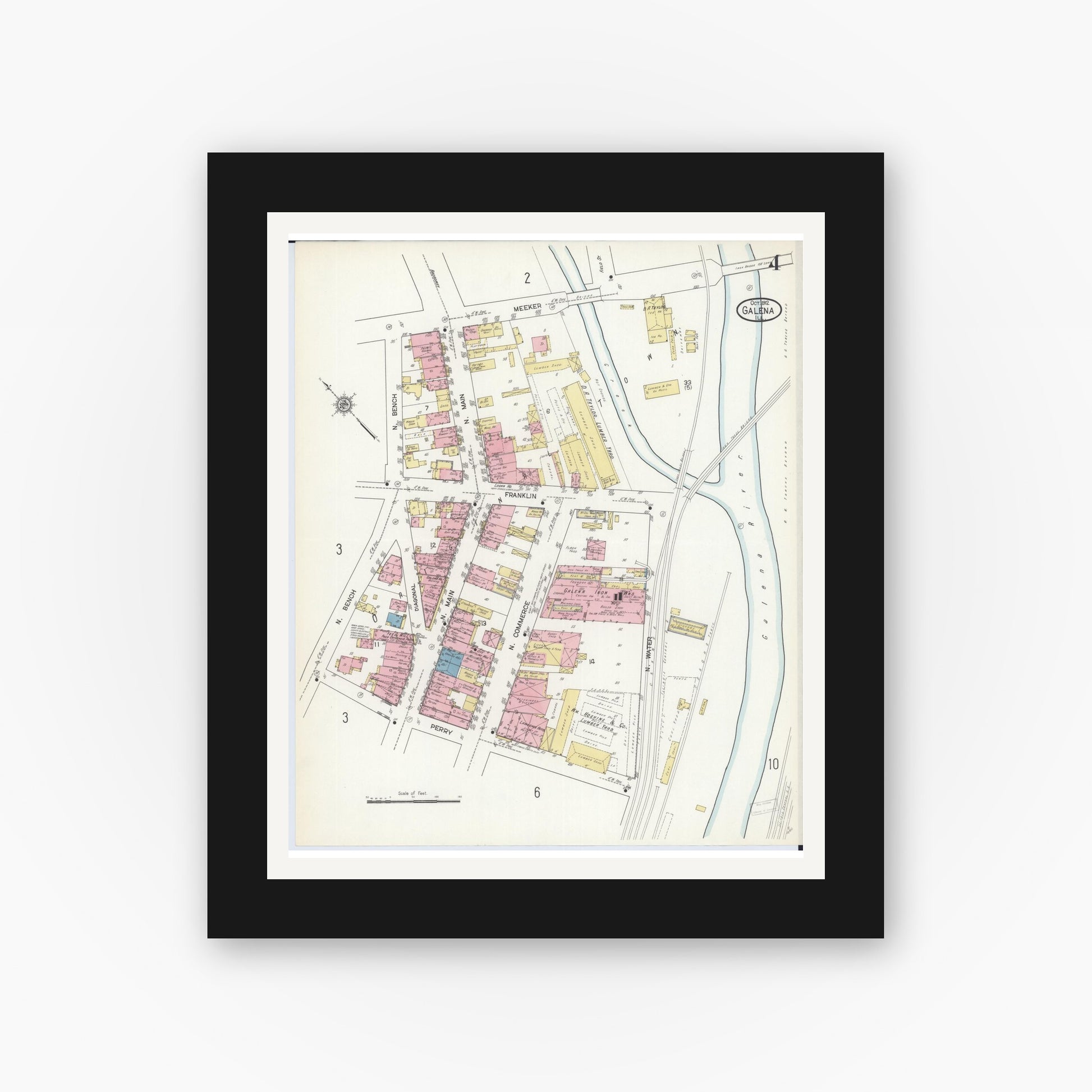 Old map wall art mockup — black gallery frame with white mat — Sanborn Fire Insurance Map from Galena, Jo Daviess County, Illinois (1912), Sheet #0004