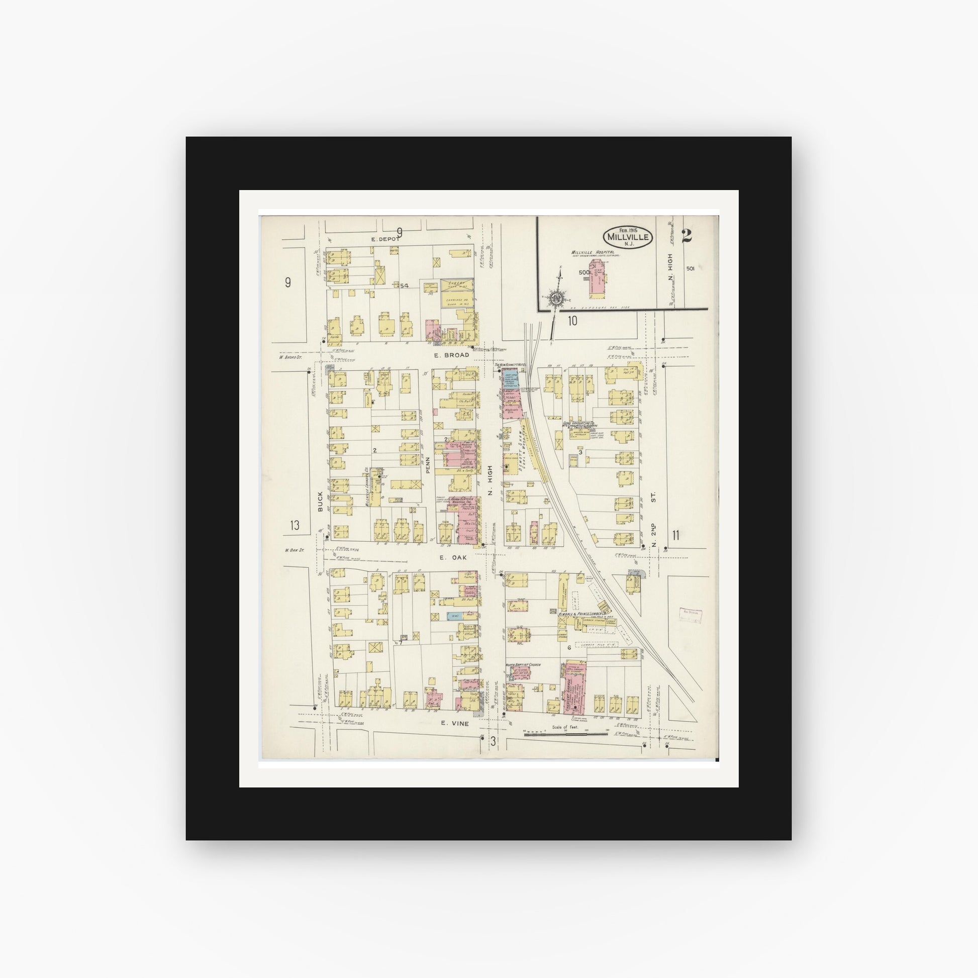 Old map wall art mockup — black gallery frame with white mat — Sanborn Fire Insurance Map from Millville, Cumberland County, New Jersey (1915), Sheet #0002