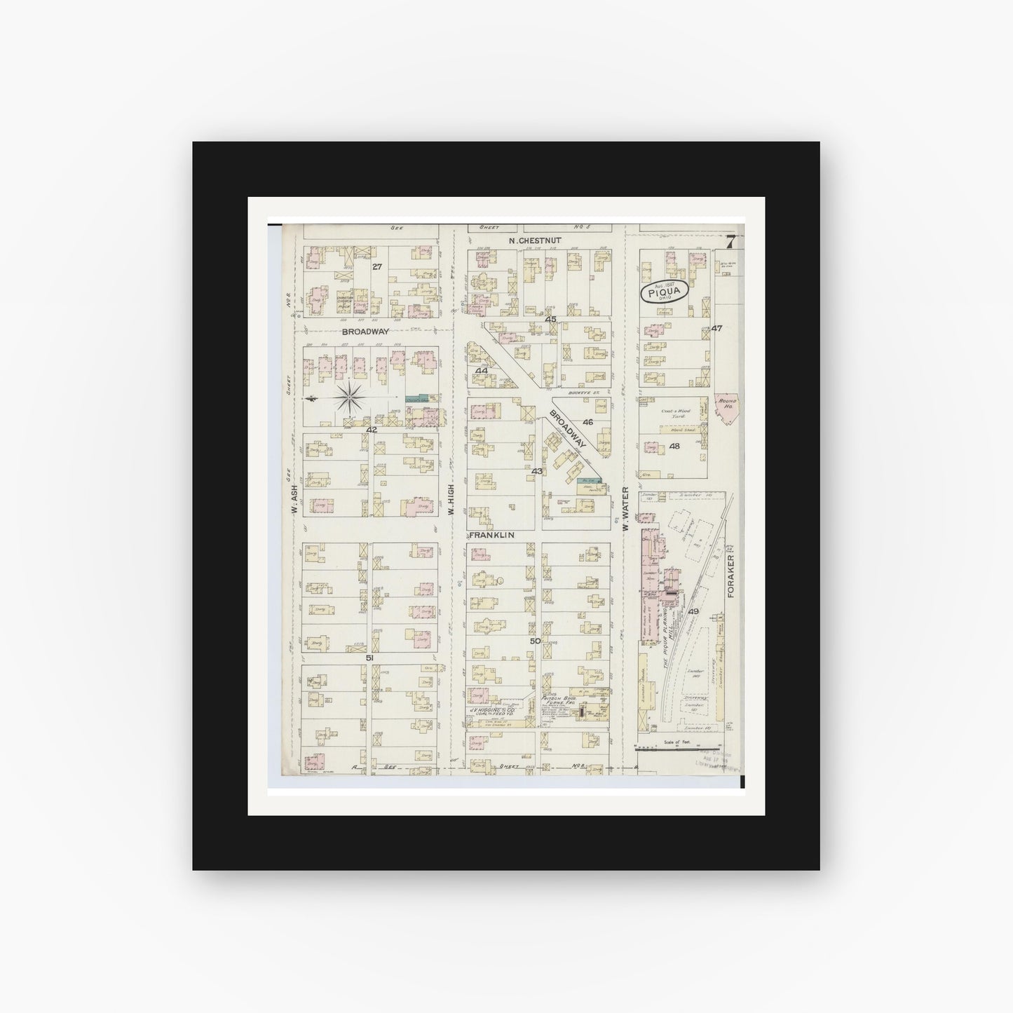 Old map wall art mockup — black gallery frame with white mat — Sanborn Fire Insurance Map from Piqua, Miami County, Ohio (1887), Sheet #0007