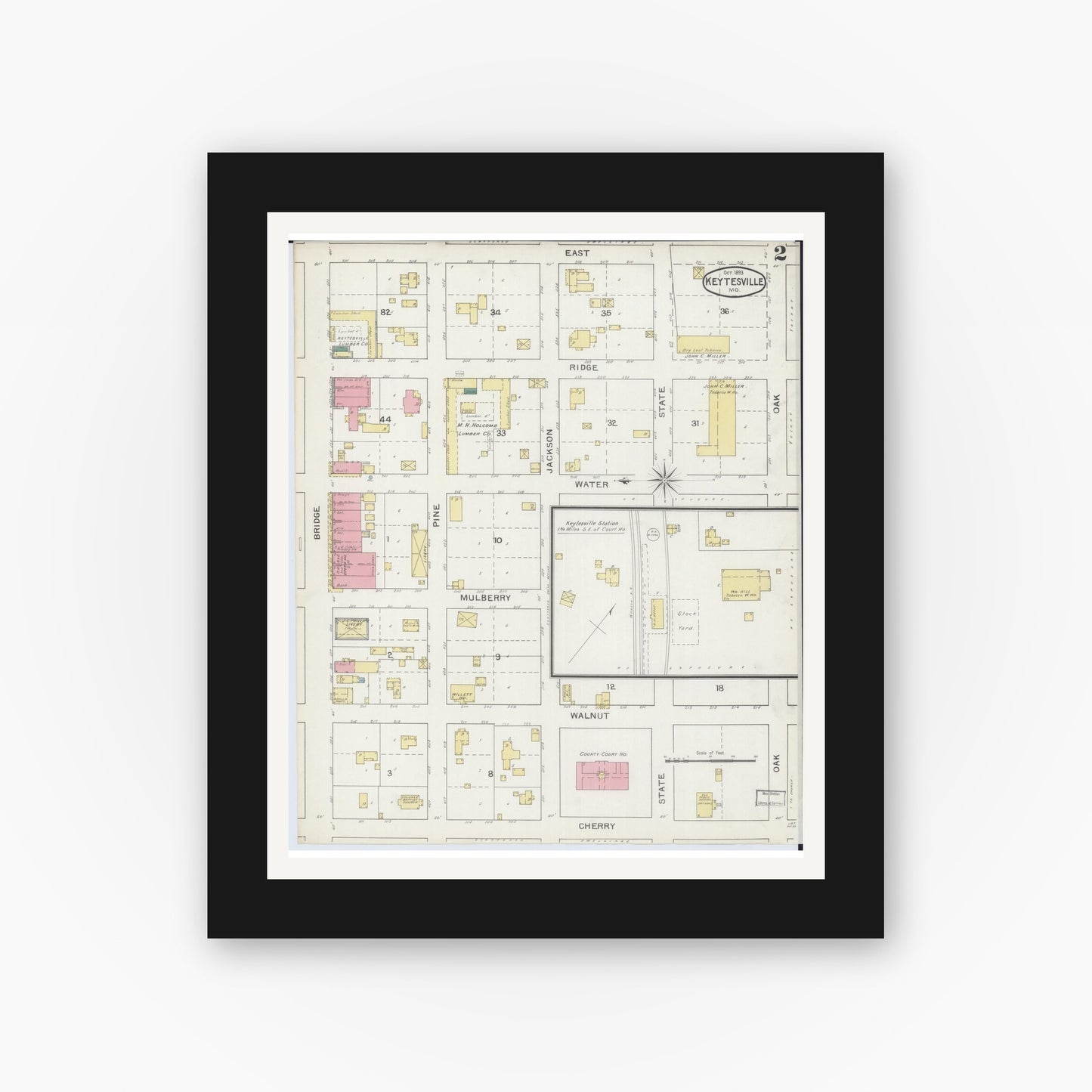 Old map wall art mockup — black gallery frame with white mat — Sanborn Fire Insurance Map from Keytesville, Chariton County, Missouri (1893), Sheet #0002