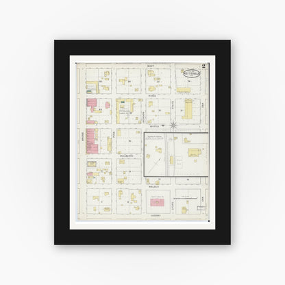 Old map wall art mockup — black gallery frame with white mat — Sanborn Fire Insurance Map from Keytesville, Chariton County, Missouri (1893), Sheet #0002
