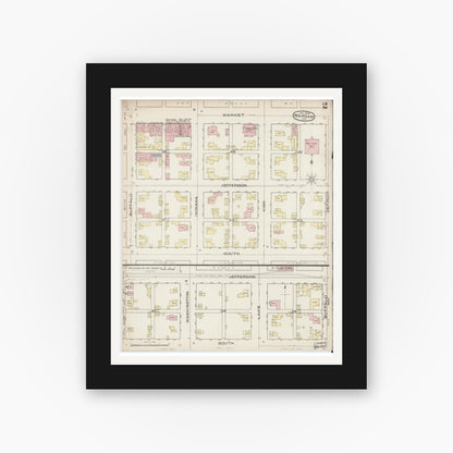 Old map wall art mockup — black gallery frame with white mat — Sanborn Fire Insurance Map from Warsaw, Kosciusko County, Indiana (1886), Sheet #0002