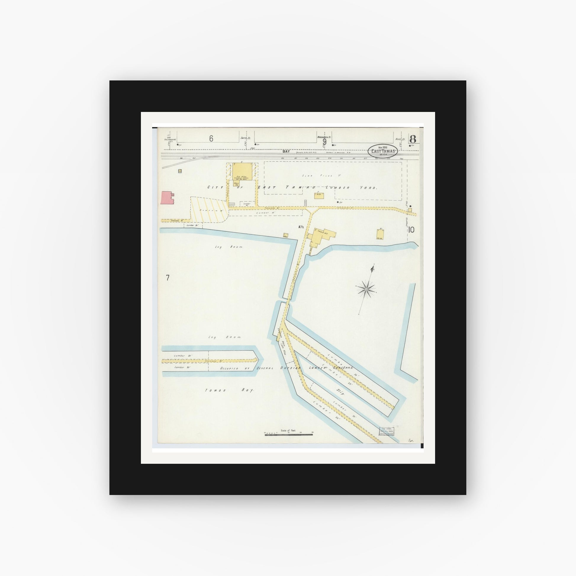 Old map wall art mockup — black gallery frame with white mat — Sanborn Fire Insurance Map from East Tawas, Iosco County, Michigan (1898), Sheet #0008