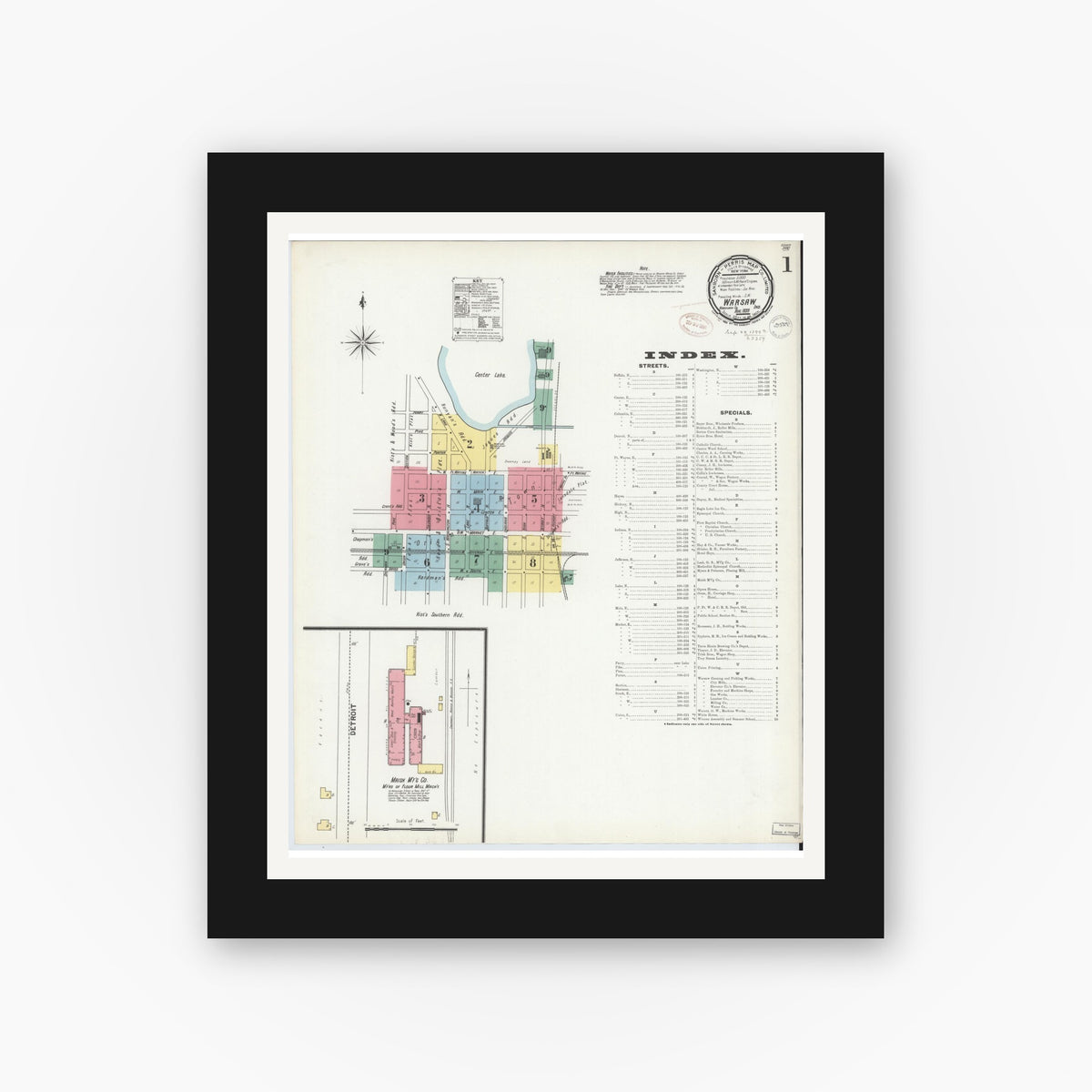 Old map wall art mockup — black gallery frame with white mat — Sanborn Fire Insurance Map from Warsaw, Kosciusko County, Indiana (1899), Sheet #0001