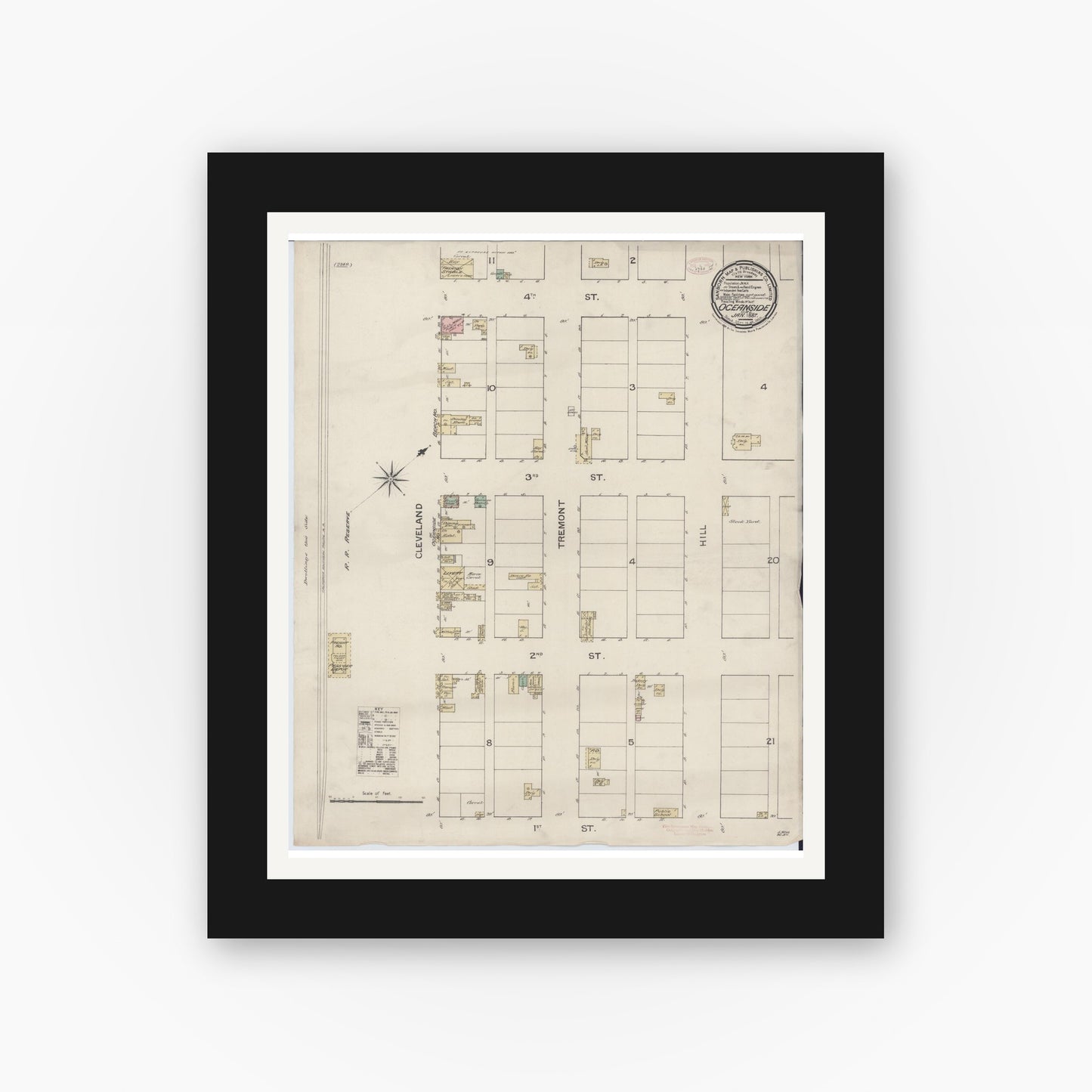 Old map wall art mockup — black gallery frame with white mat — Sanborn Fire Insurance Map from Oceanside, San Diego County, California (1887), Sheet #0001