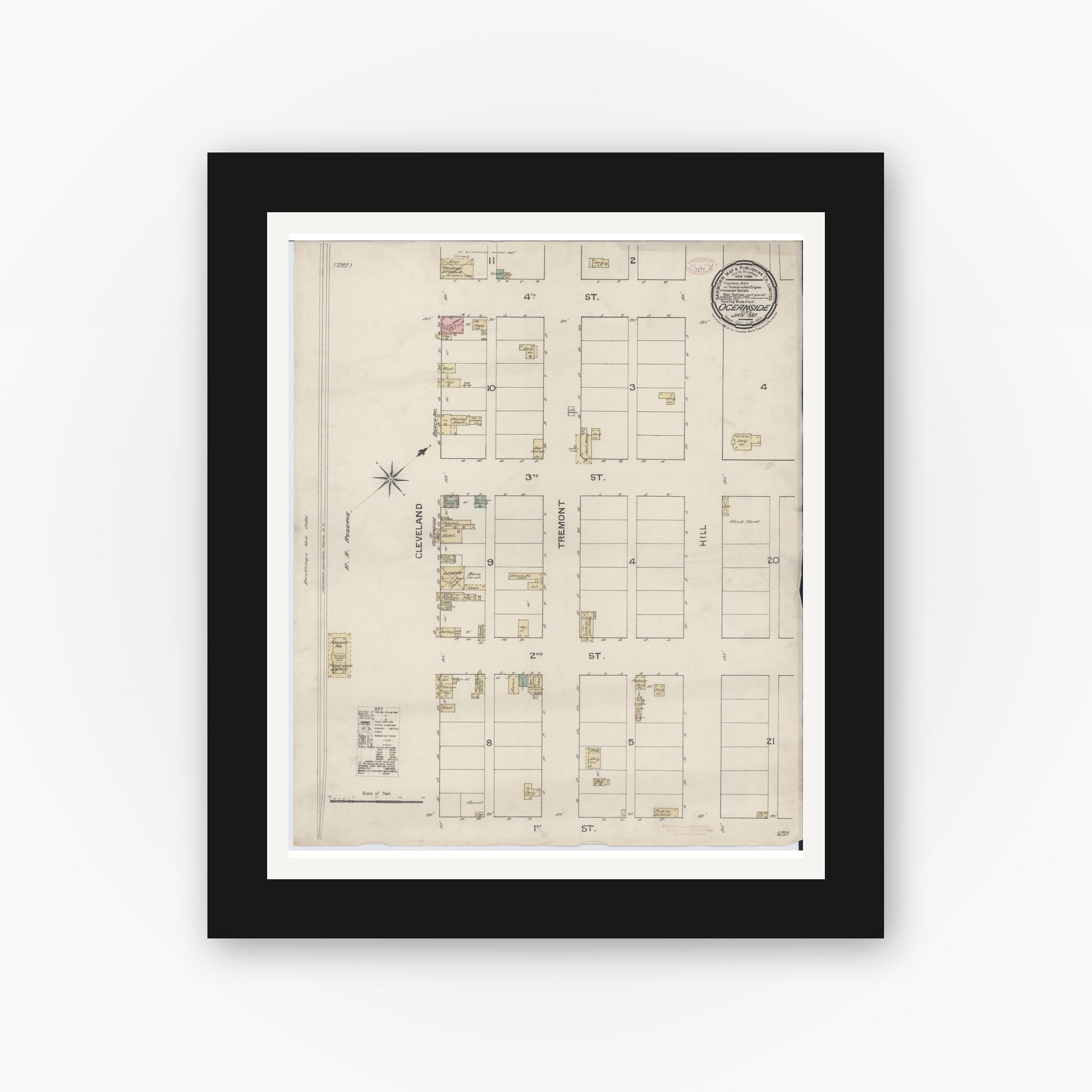 Old map wall art mockup — black gallery frame with white mat — Sanborn Fire Insurance Map from Oceanside, San Diego County, California (1887), Sheet #0001