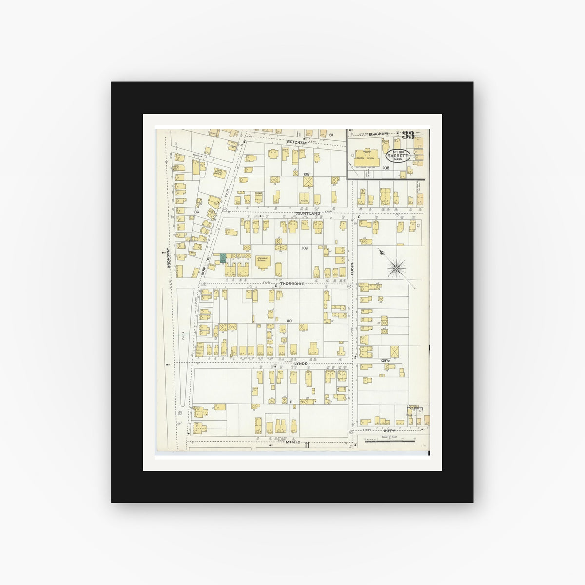 Old map wall art mockup — black gallery frame with white mat — Sanborn Fire Insurance Map from Everett, Middlesex County, Massachusetts (1903), Sheet #0033