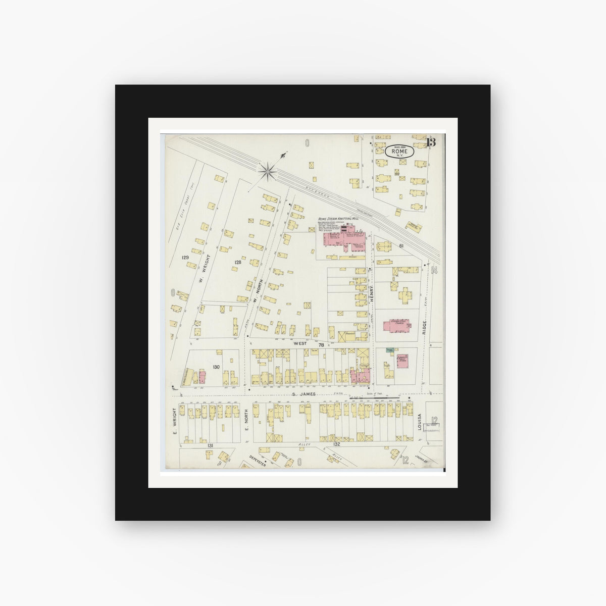 Old map wall art mockup — black gallery frame with white mat — Sanborn Fire Insurance Map from Rome, Oneida County, New York (1894), Sheet #0013
