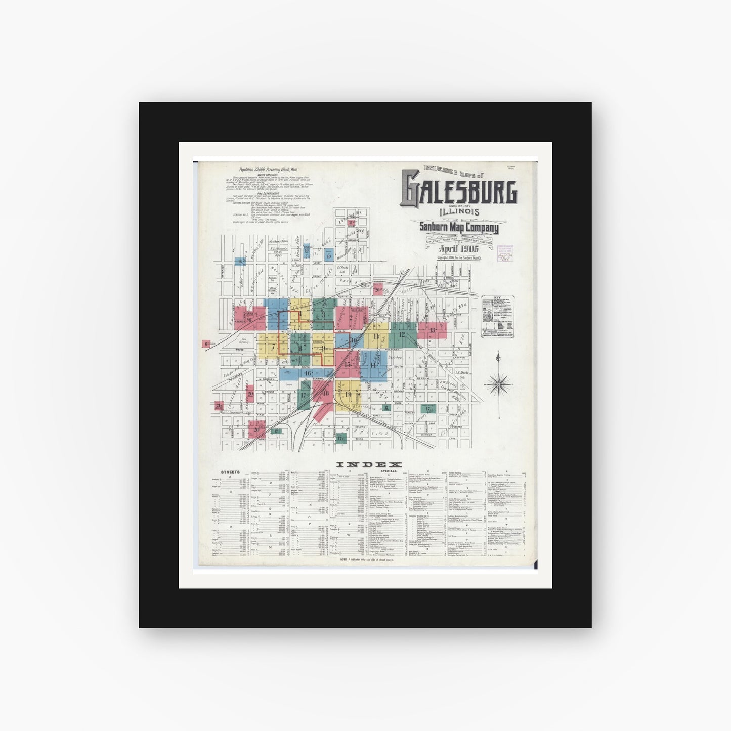 Old map wall art mockup — black gallery frame with white mat — Sanborn Fire Insurance Map from Galesburg, Knox County, Illinois (1906), Sheet #0001