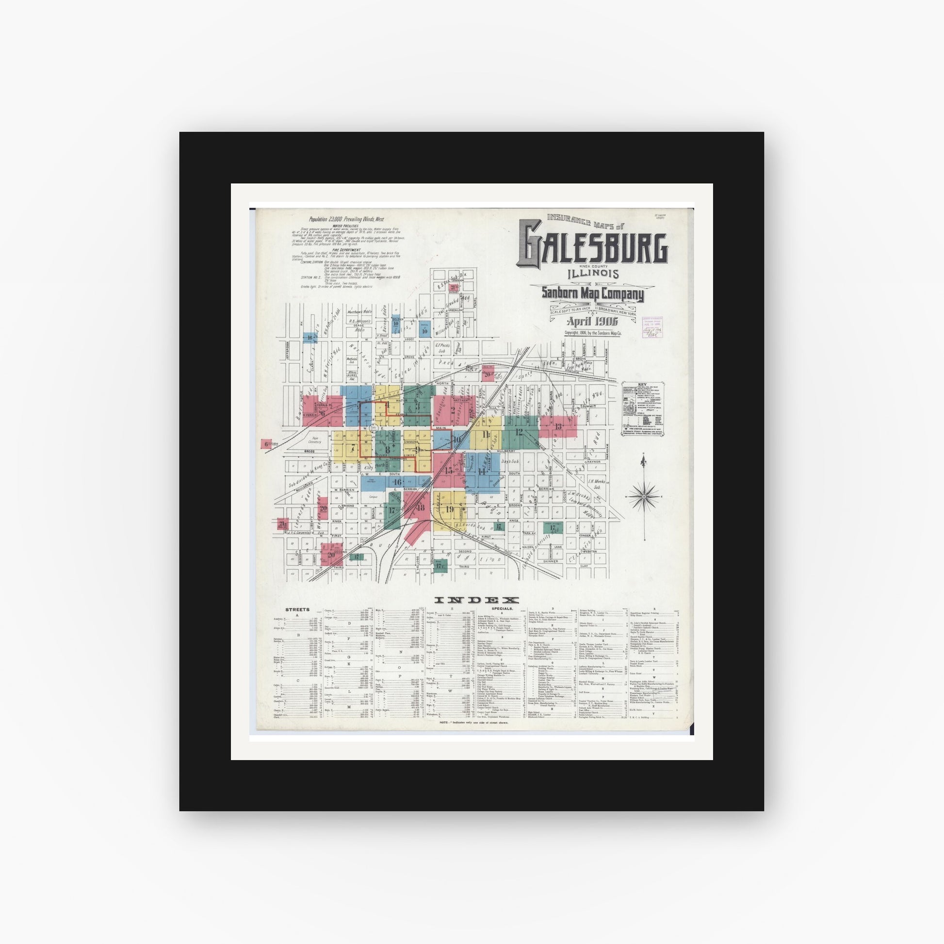 Old map wall art mockup — black gallery frame with white mat — Sanborn Fire Insurance Map from Galesburg, Knox County, Illinois (1906), Sheet #0001