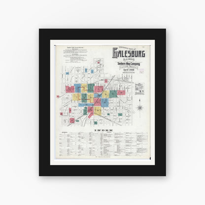 Old map wall art mockup — black gallery frame with white mat — Sanborn Fire Insurance Map from Galesburg, Knox County, Illinois (1906), Sheet #0001