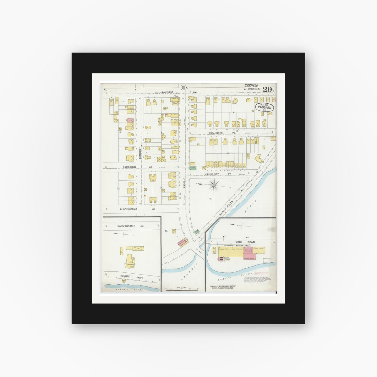 Old map wall art mockup — black gallery frame with white mat — Sanborn Fire Insurance Map from Passaic, Passaic County, New Jersey (1899), Sheet #0029