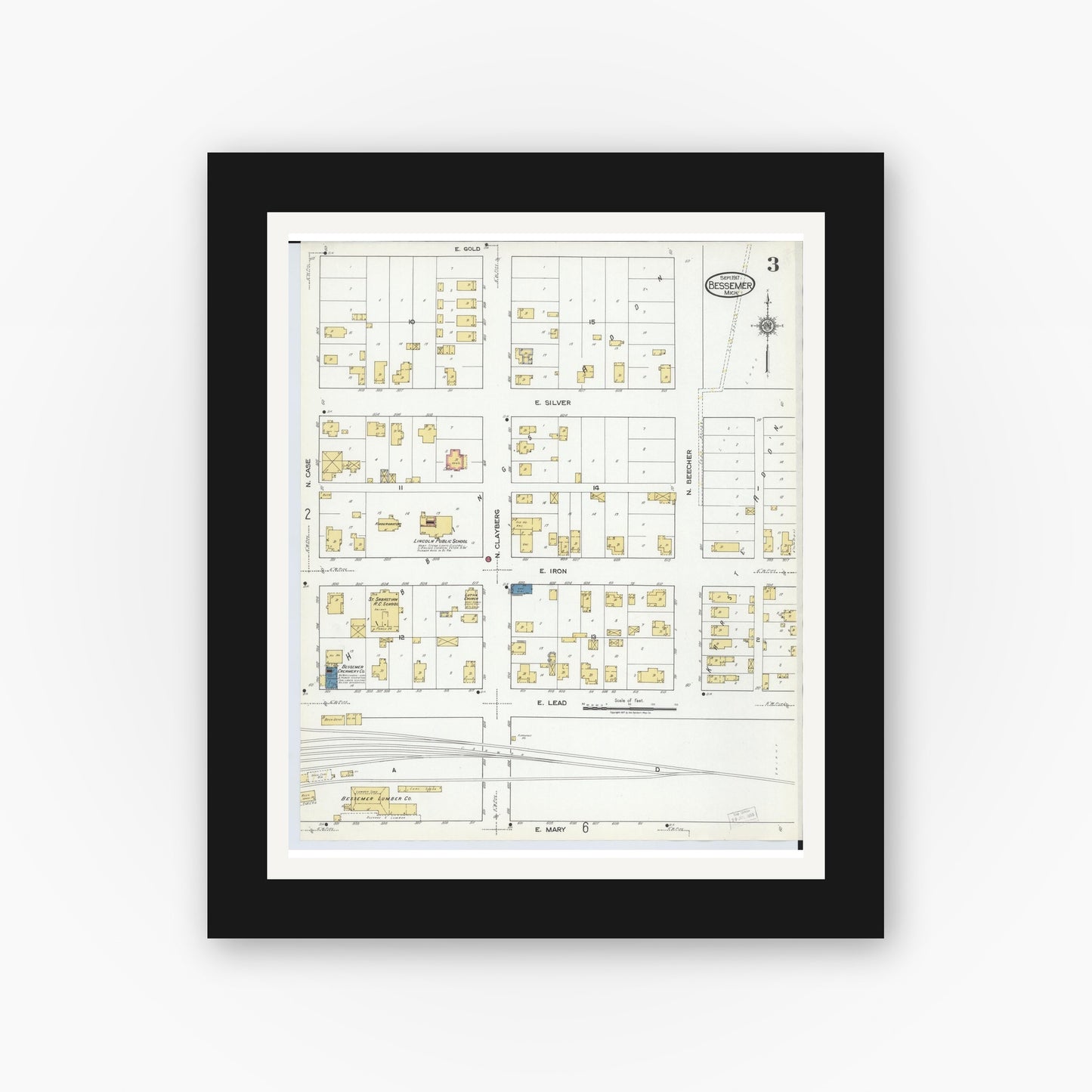 Old map wall art mockup — black gallery frame with white mat — Sanborn Fire Insurance Map from Bessemer, Gogebic County, Michigan (1917), Sheet #0003
